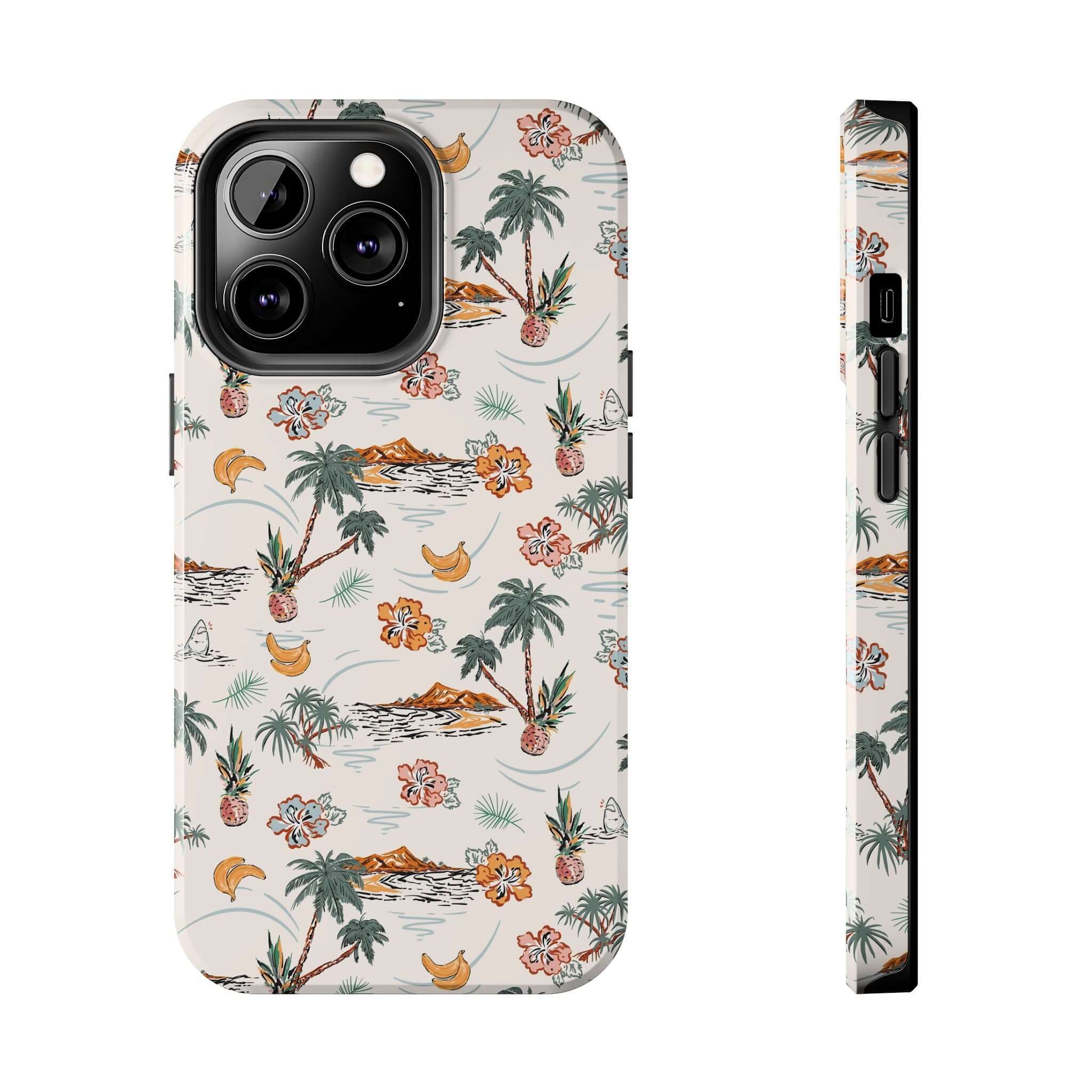 Cute iPhone 14 beach case with tropical palm tree design, perfect phone cover with free shipping for iPhone users.