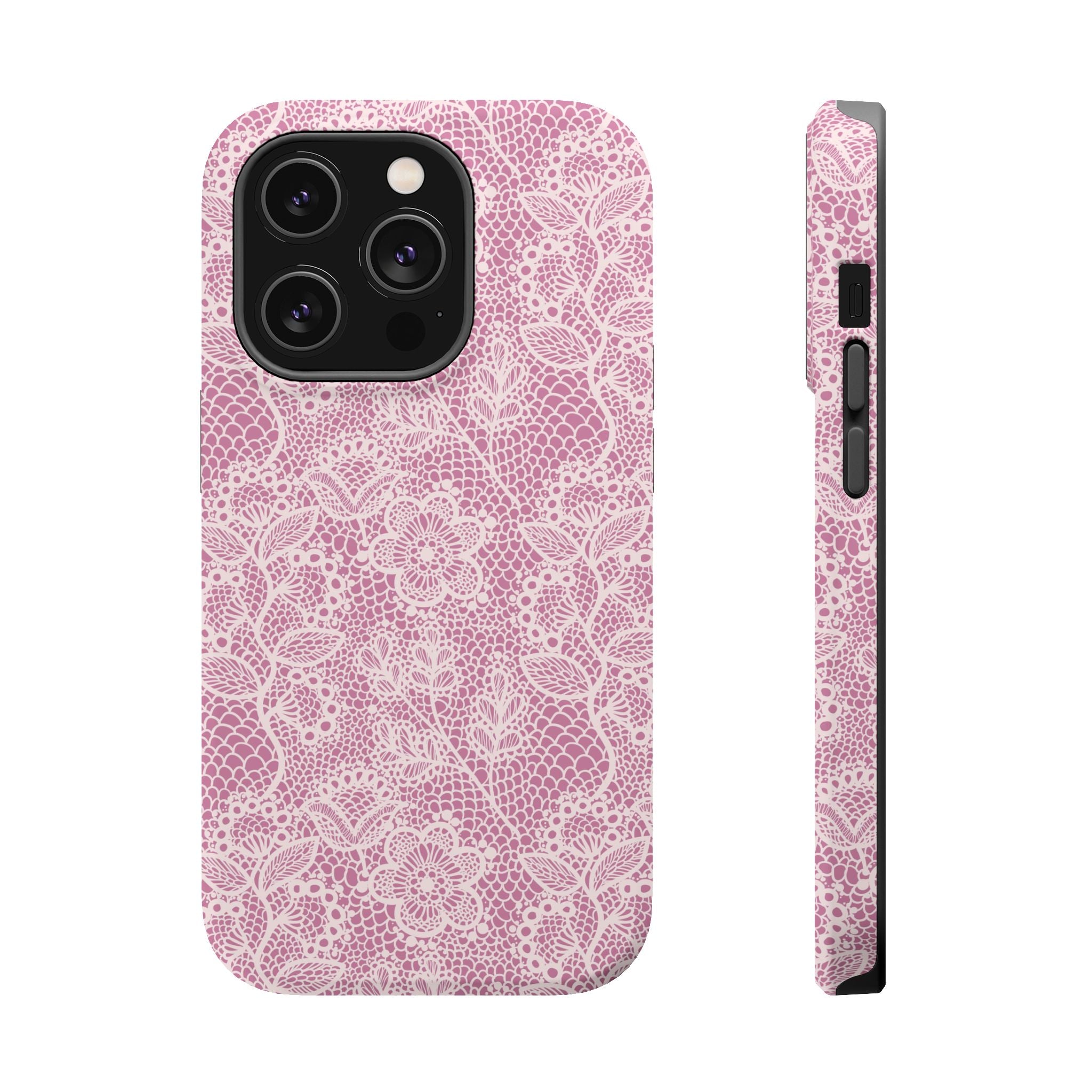 Pink Lace MagSafe iPhone Case, Cute Floral Phone Cover, Country Charm Style