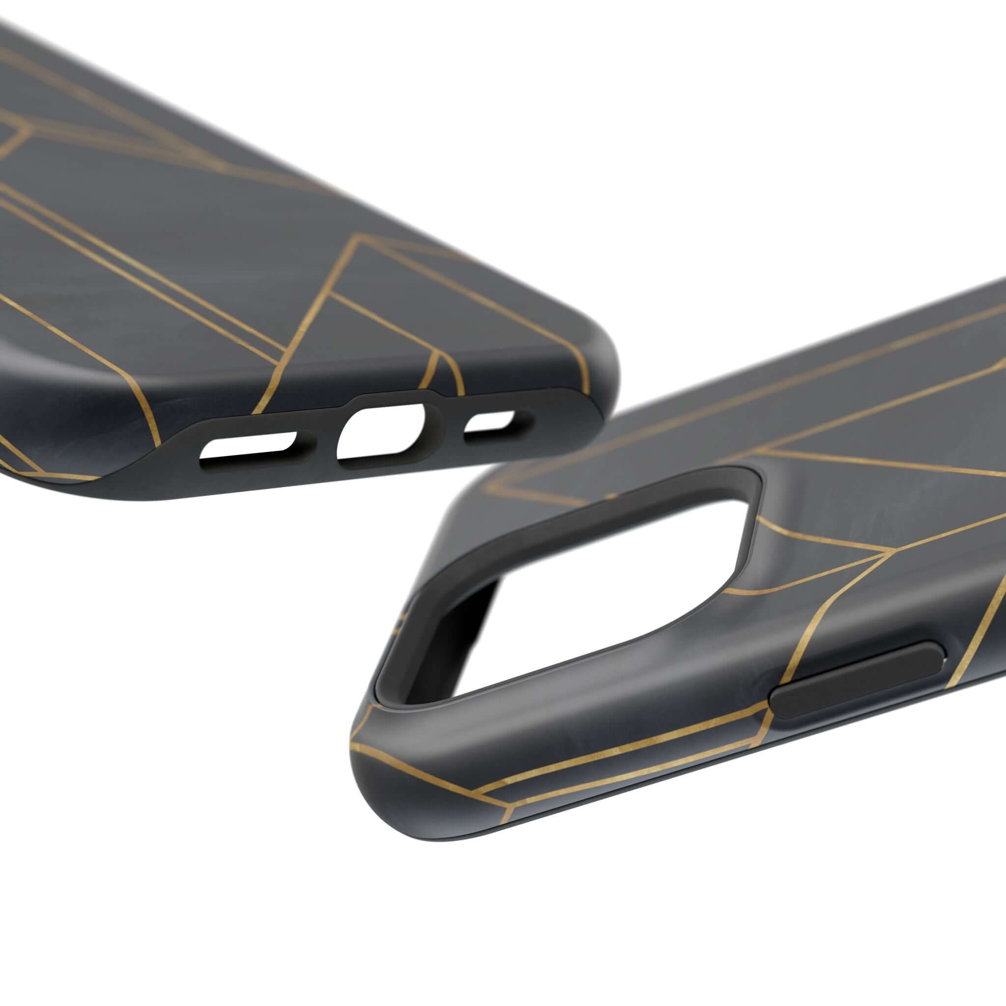 Modern geometric black iPhone case with abstract gold lines, showcasing urban style and protection.