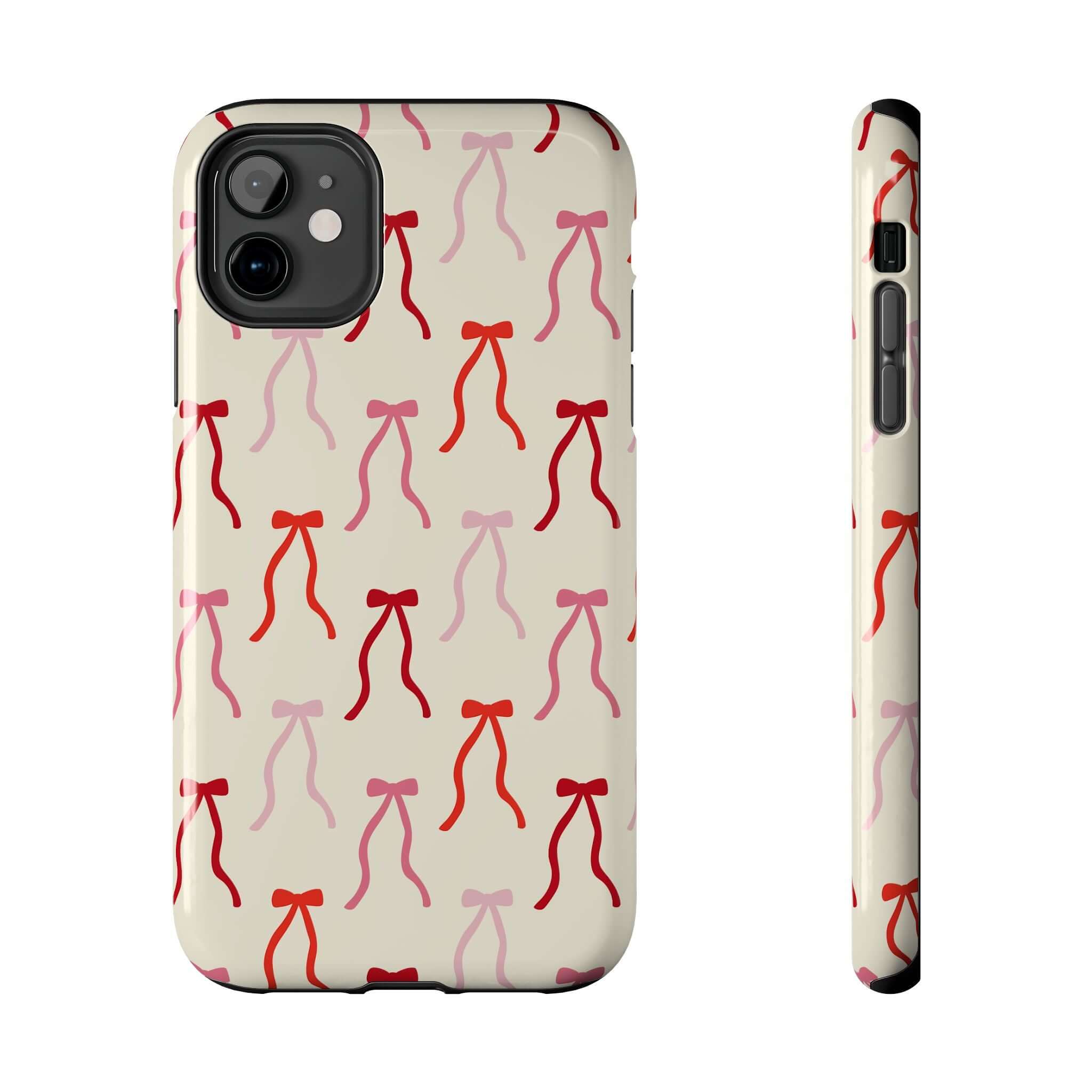 Beige Coquette Case for iPhone 16 with cute red bow design, playful and stylish phone protection.