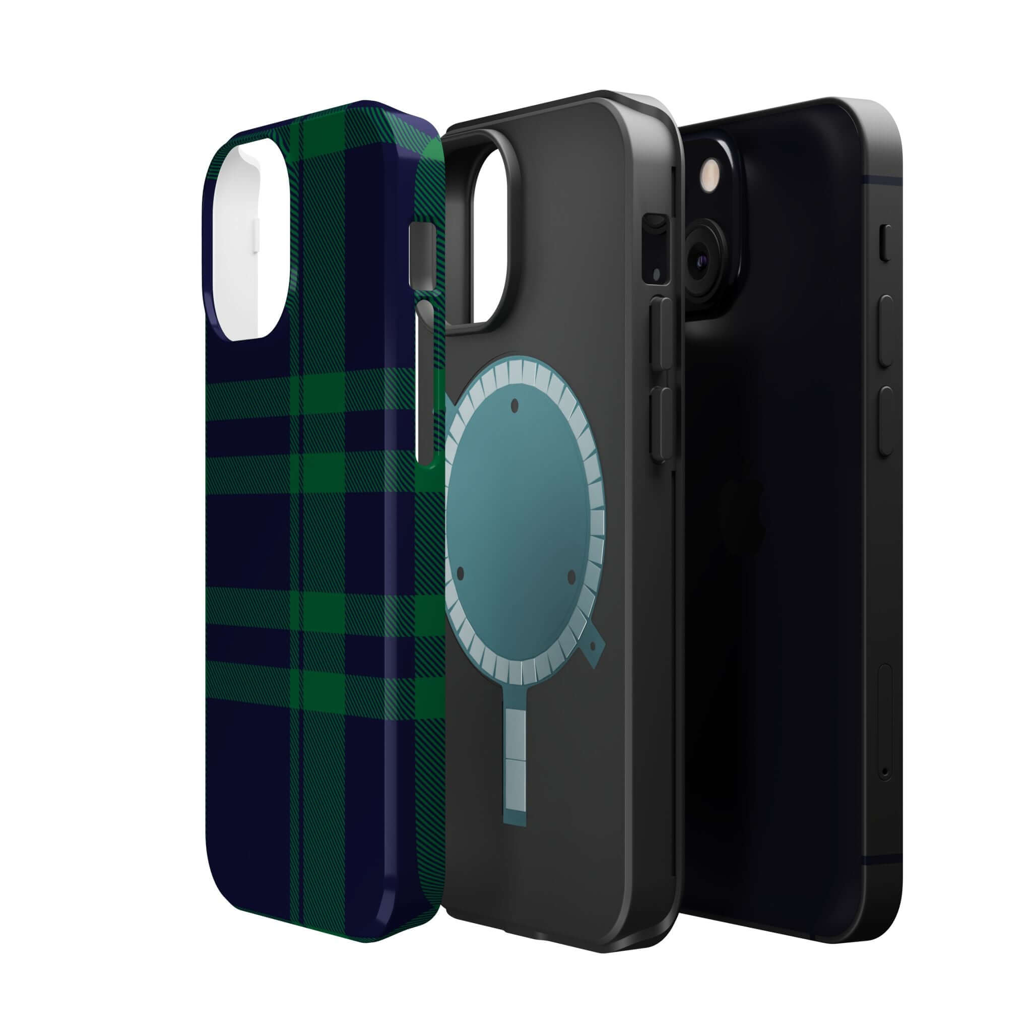 Cute Mistletoe Plaid MagSafe Case and sleek black phone cases, perfect for holiday cheer and phone protection.