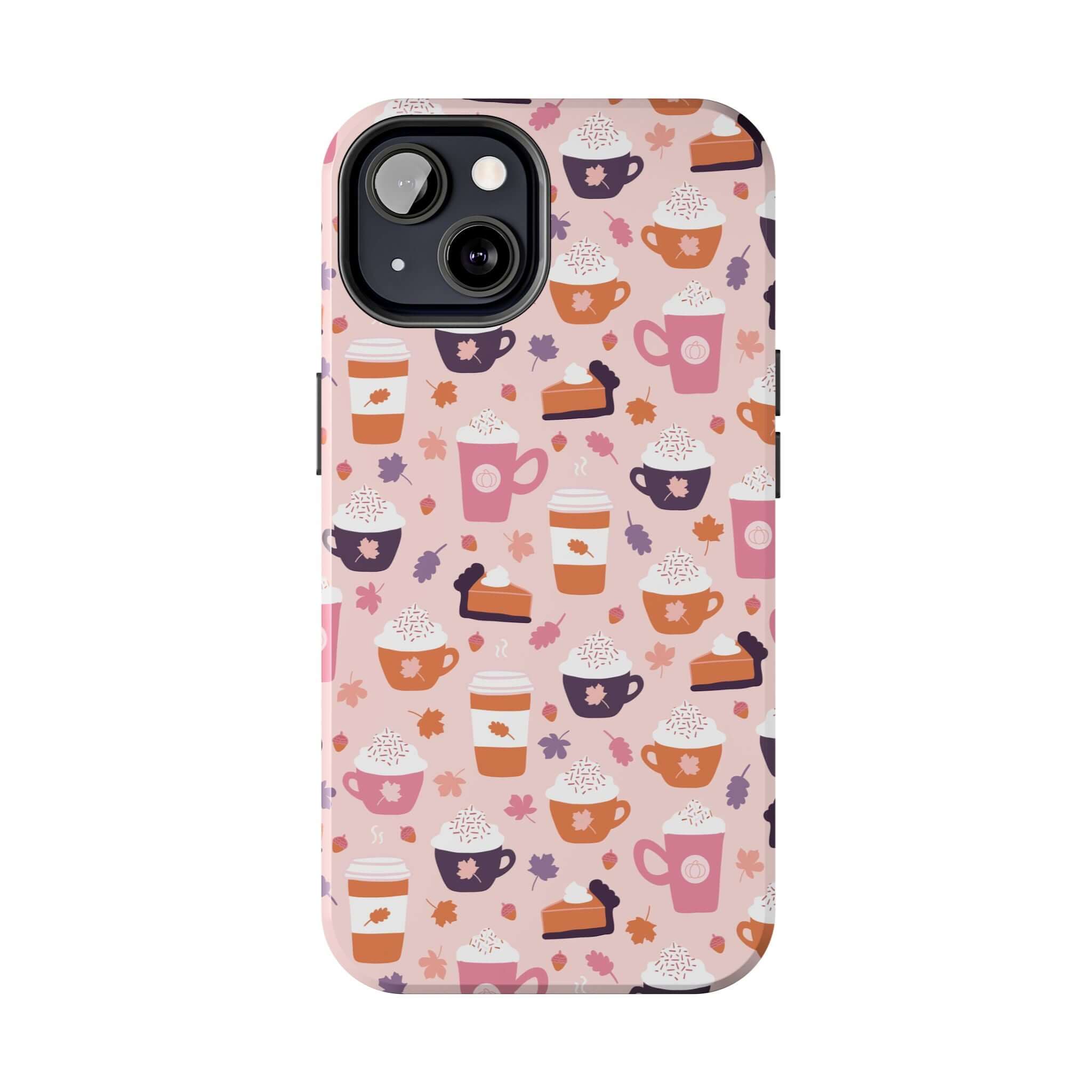 Cute PSL Vibes iPhone case with fall-themed coffee cups and pumpkins, perfect for iPhone 15 users and pumpkin spice lovers. Durable design.