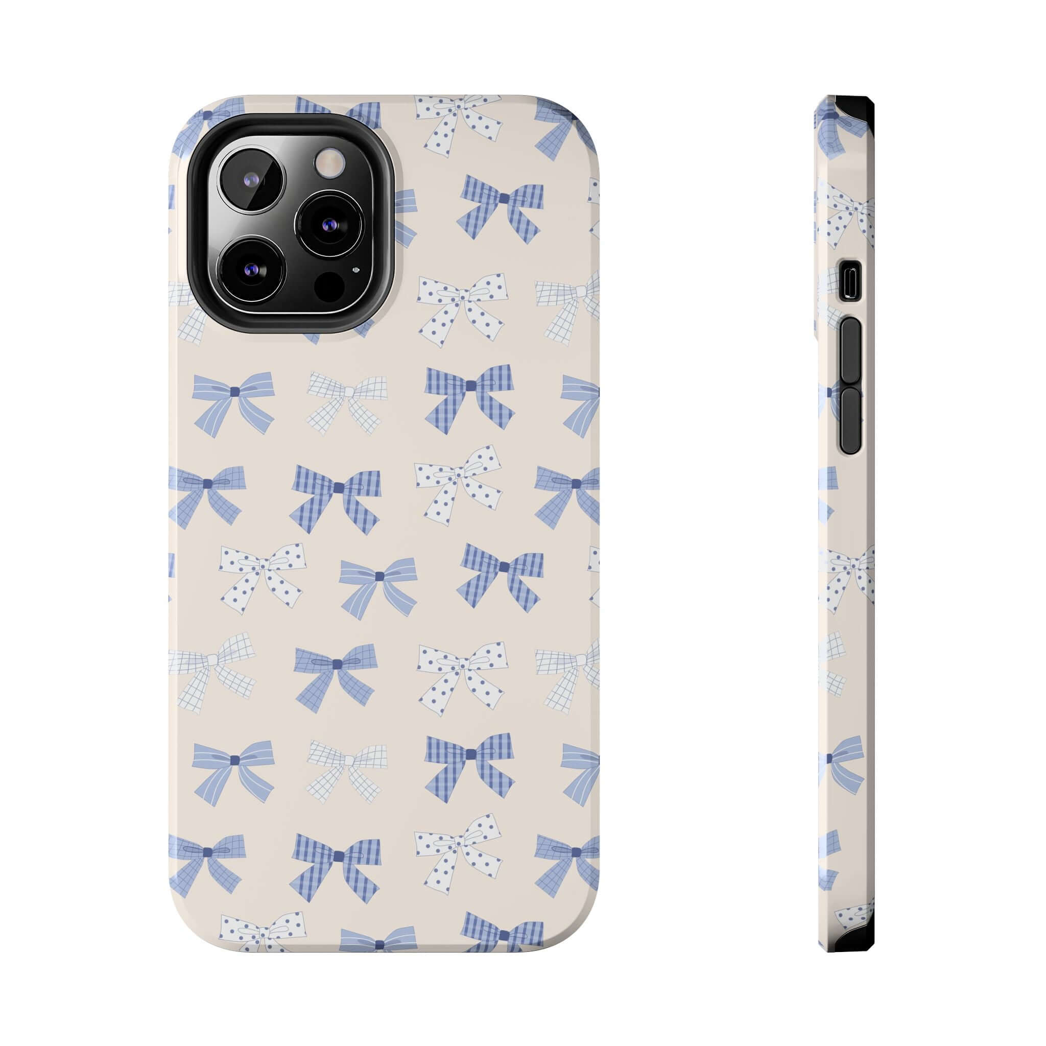 Cute iPhone 16 case with blue bows, perfect for a bride-to-be, adds playful charm and protection.