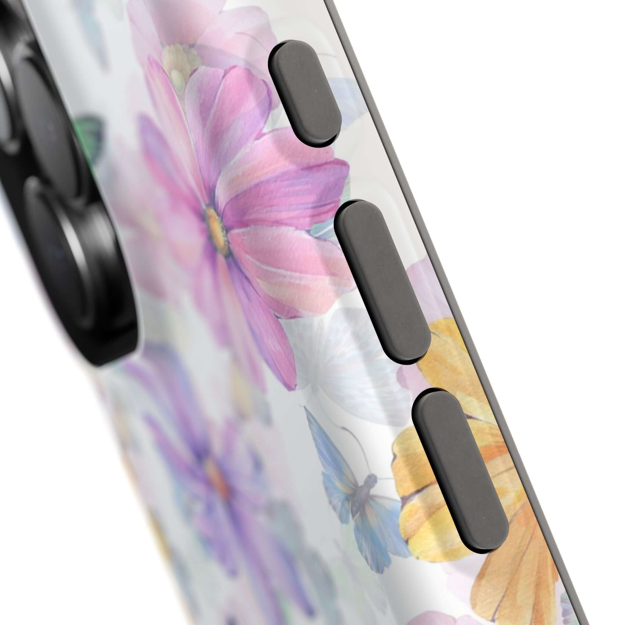 Close-up of Fluttering Blooms Watercolor Butterfly MagSafe iPhone Case featuring cute and colorful flower and butterfly design