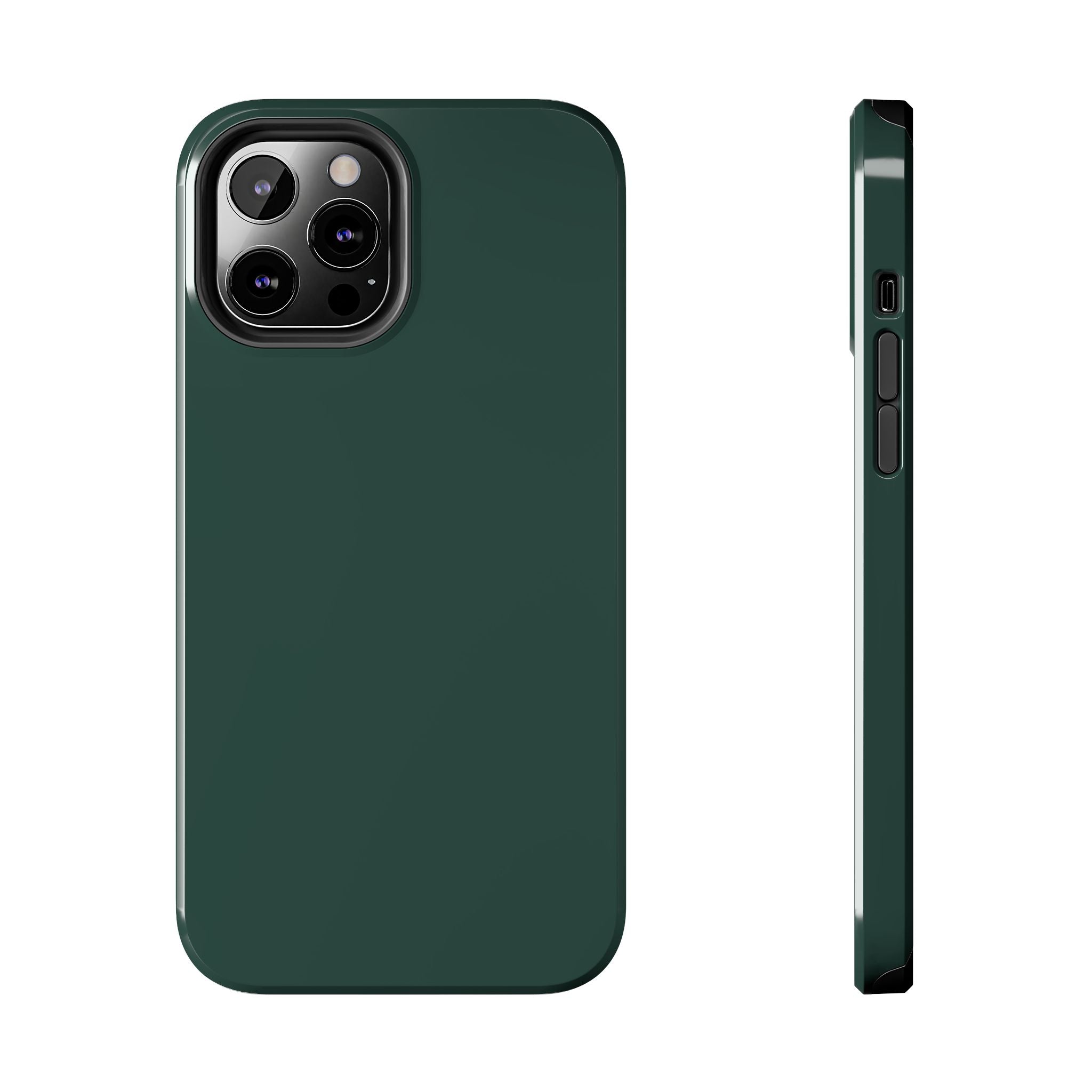 Solid green iPhone 16 case, Evergreen design, cute phone cover offering stylish protection, back and side view shown.