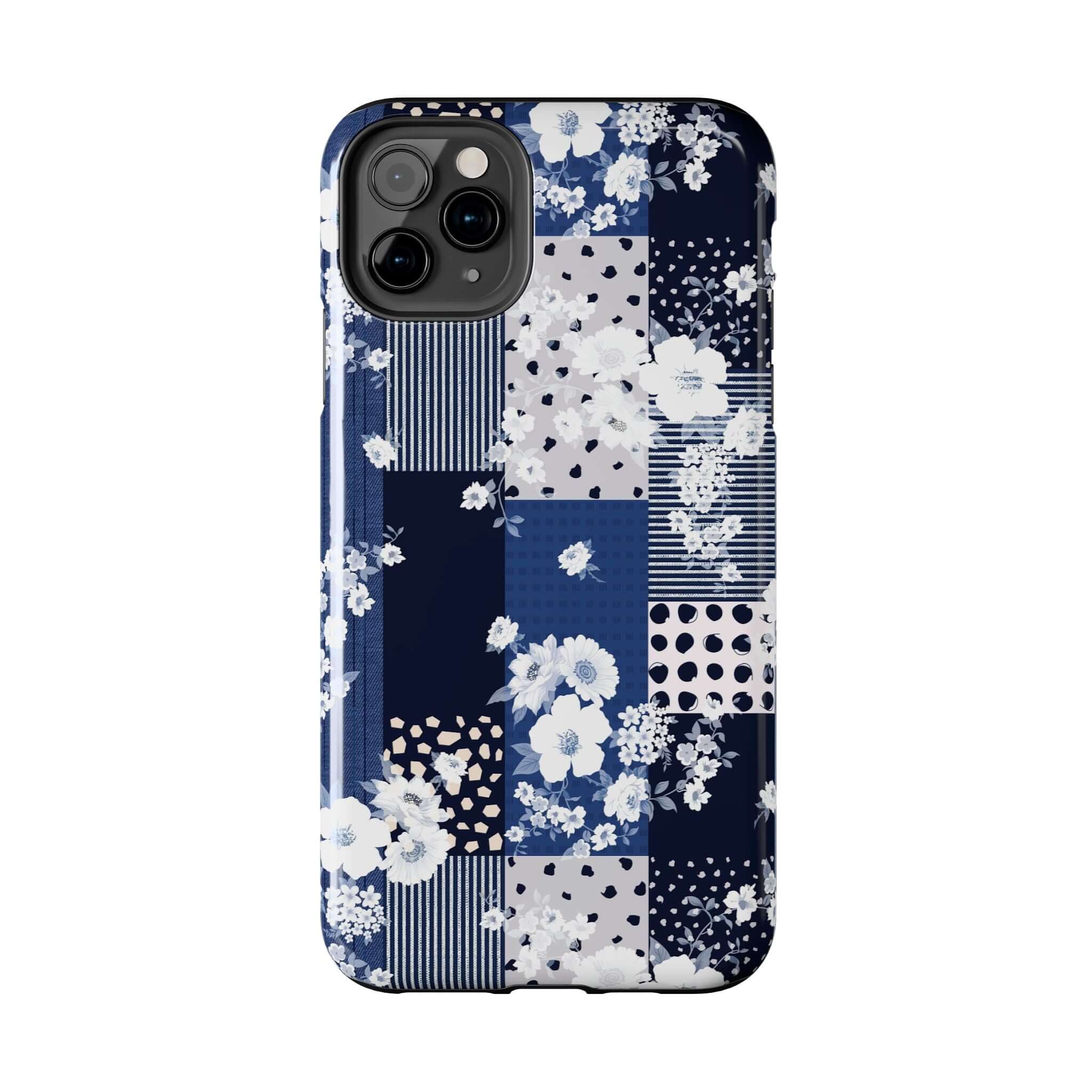 Cute blue floral phone case with patchwork design for iPhone and Samsung, perfect for sororities.