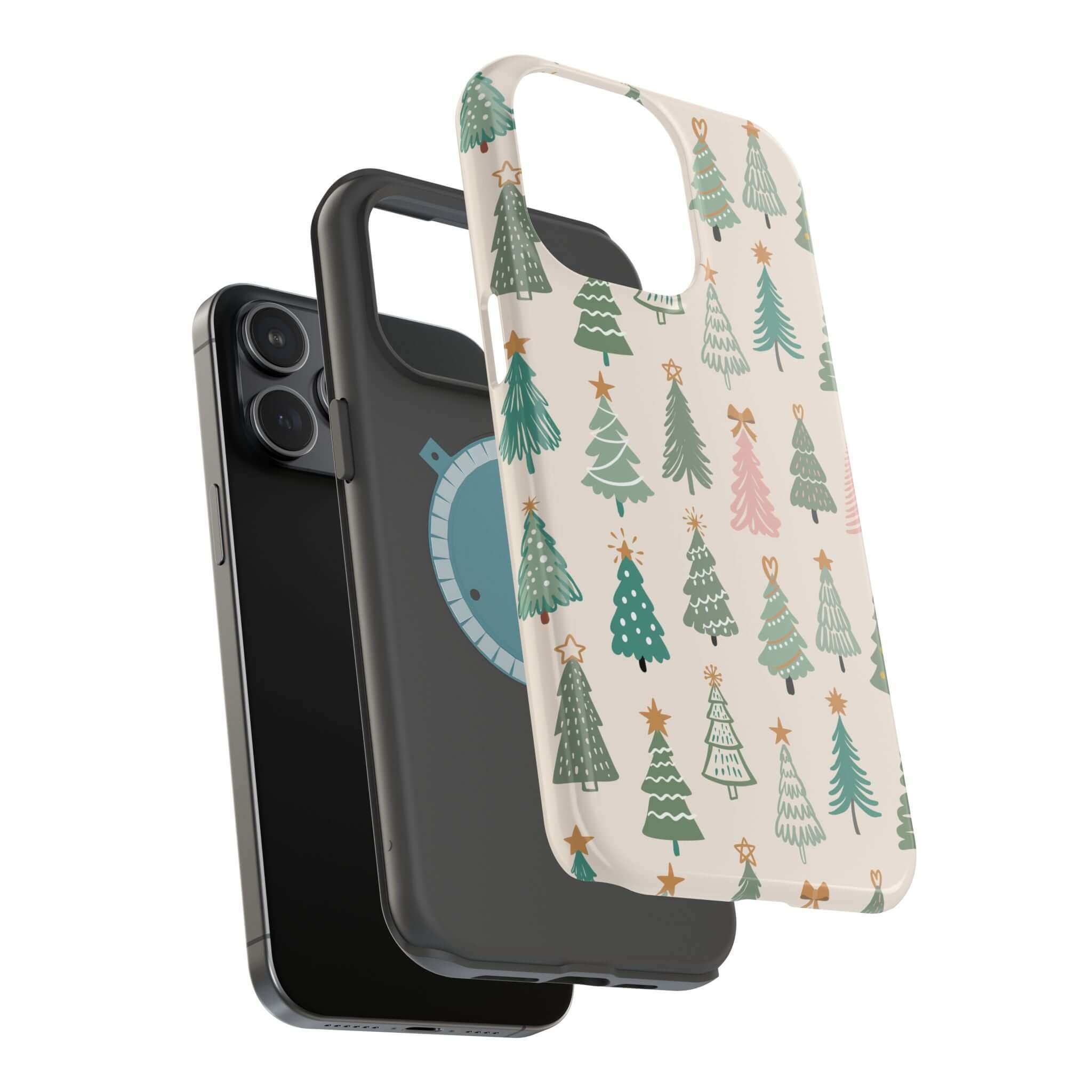 Festive O Christmas Tree MagSafe Case with holiday design showcasing Christmas trees, perfect for a cute and protective Xmas phone cover.