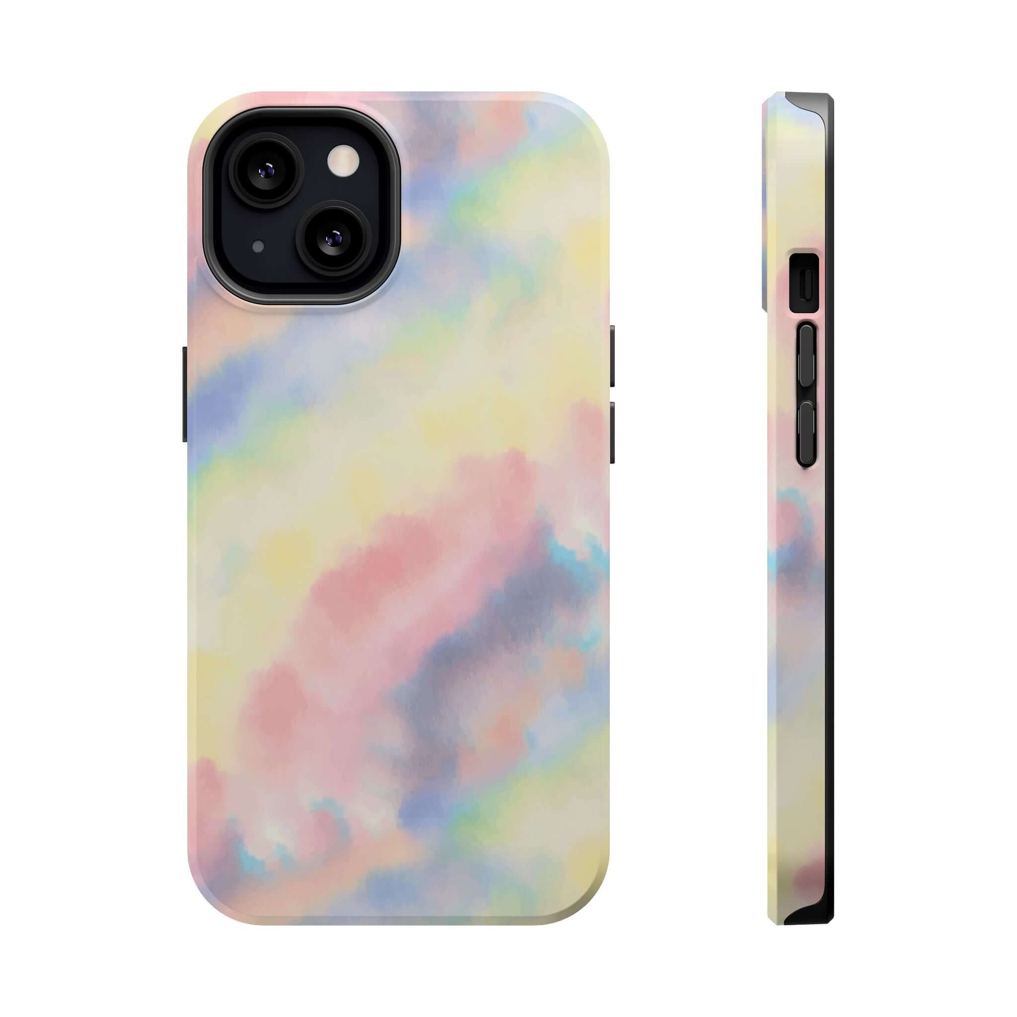 Cute iPhone case with pastel tie dye design featuring MagSafe compatibility, perfect for custom phone case designs.