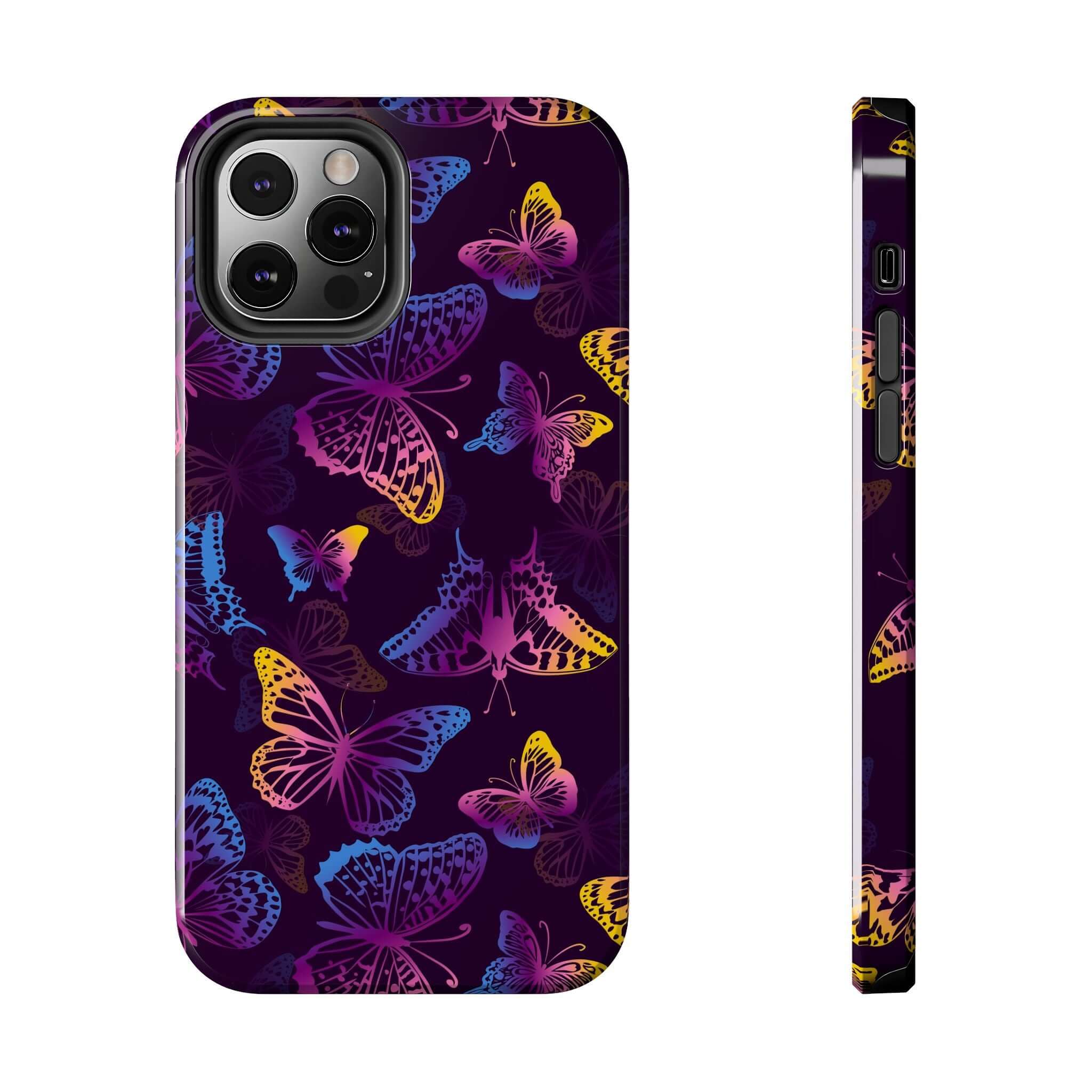 Midnight Flutter black butterfly MagSafe iPhone case with vibrant multicolored butterflies, cute floral phone cover design.