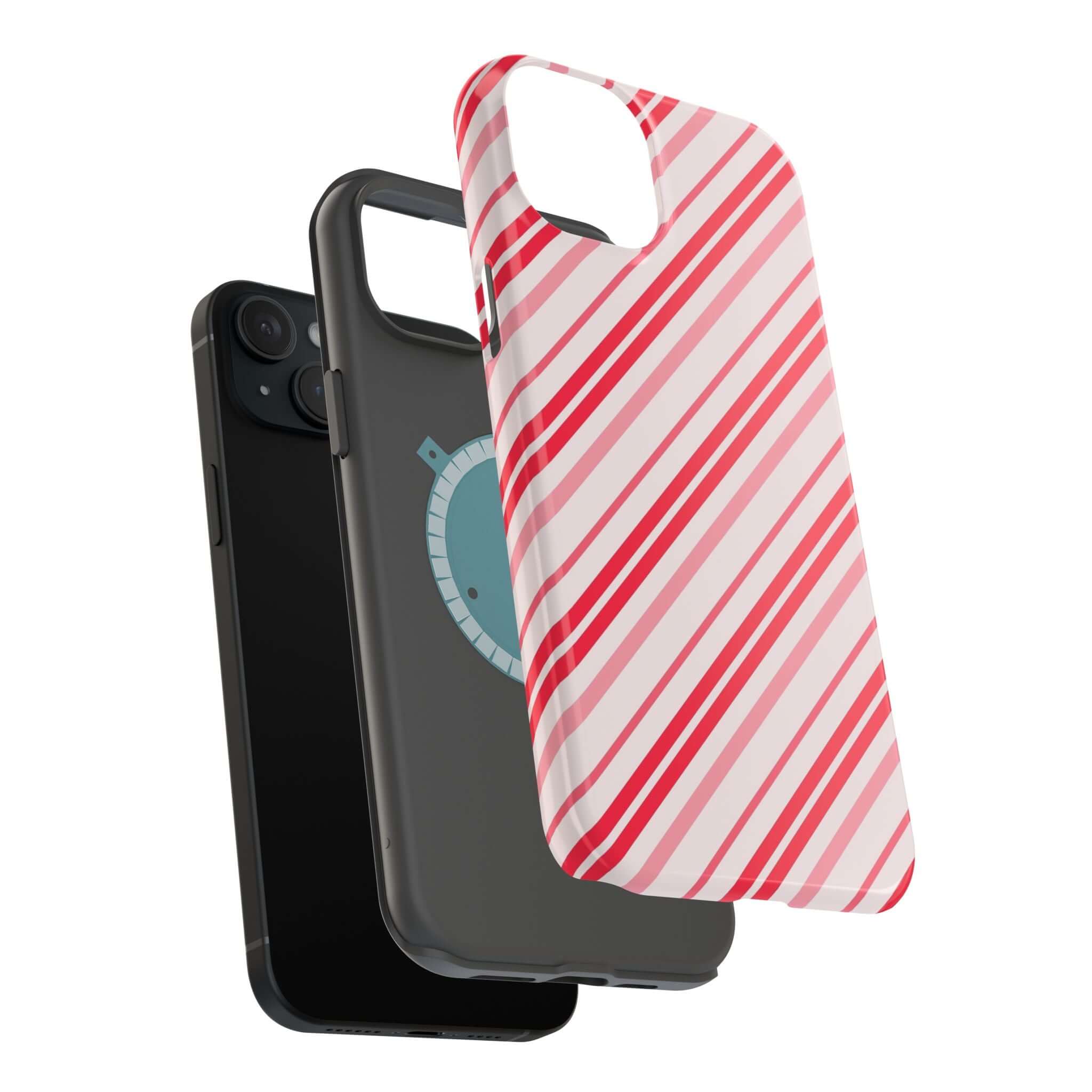 Festive red and white striped MagSafe Christmas case for iPhone with candy cane design, perfect holiday phone cover.