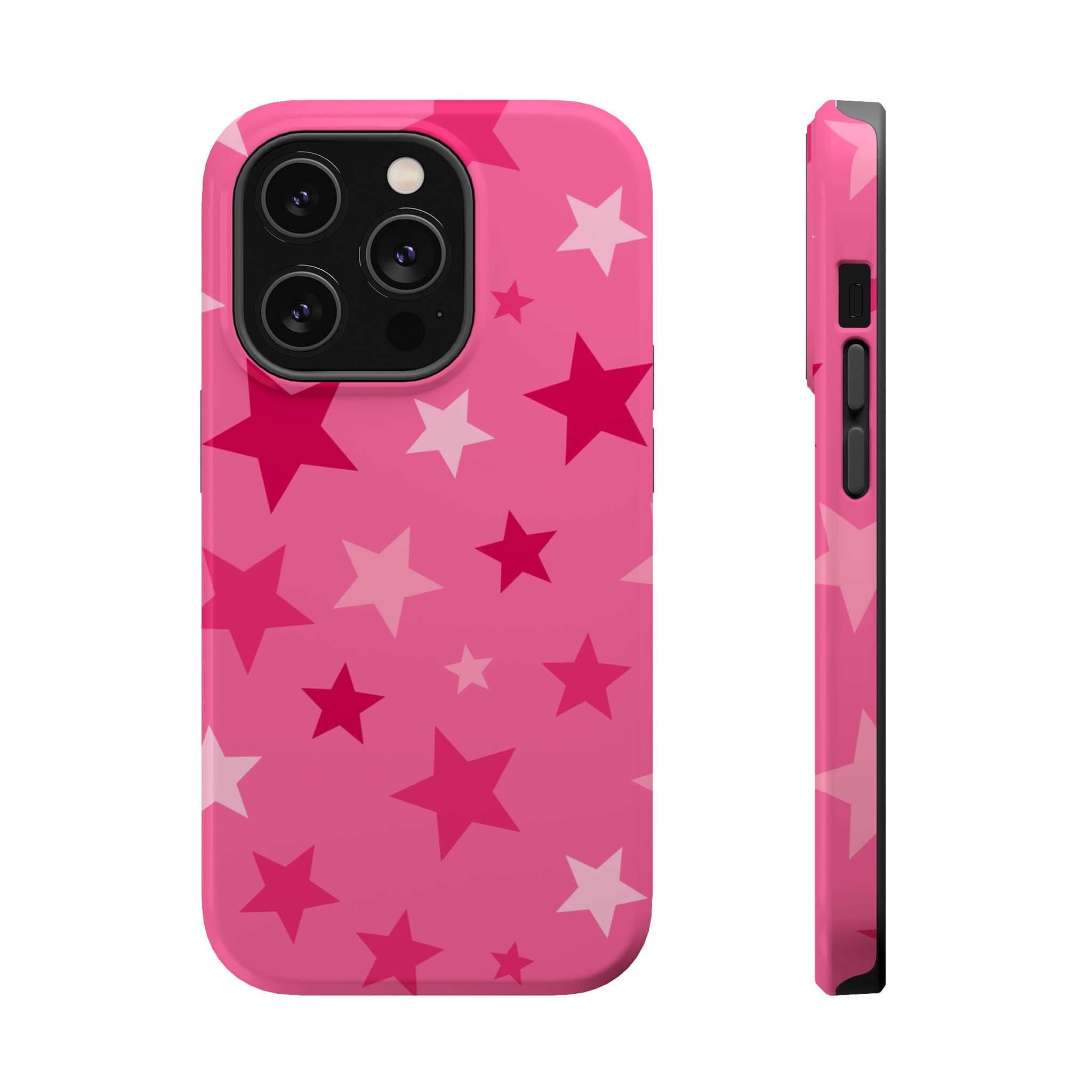 Cute pink Apple iPhone case with colorful stars, perfect for adding a playful touch to your phone.