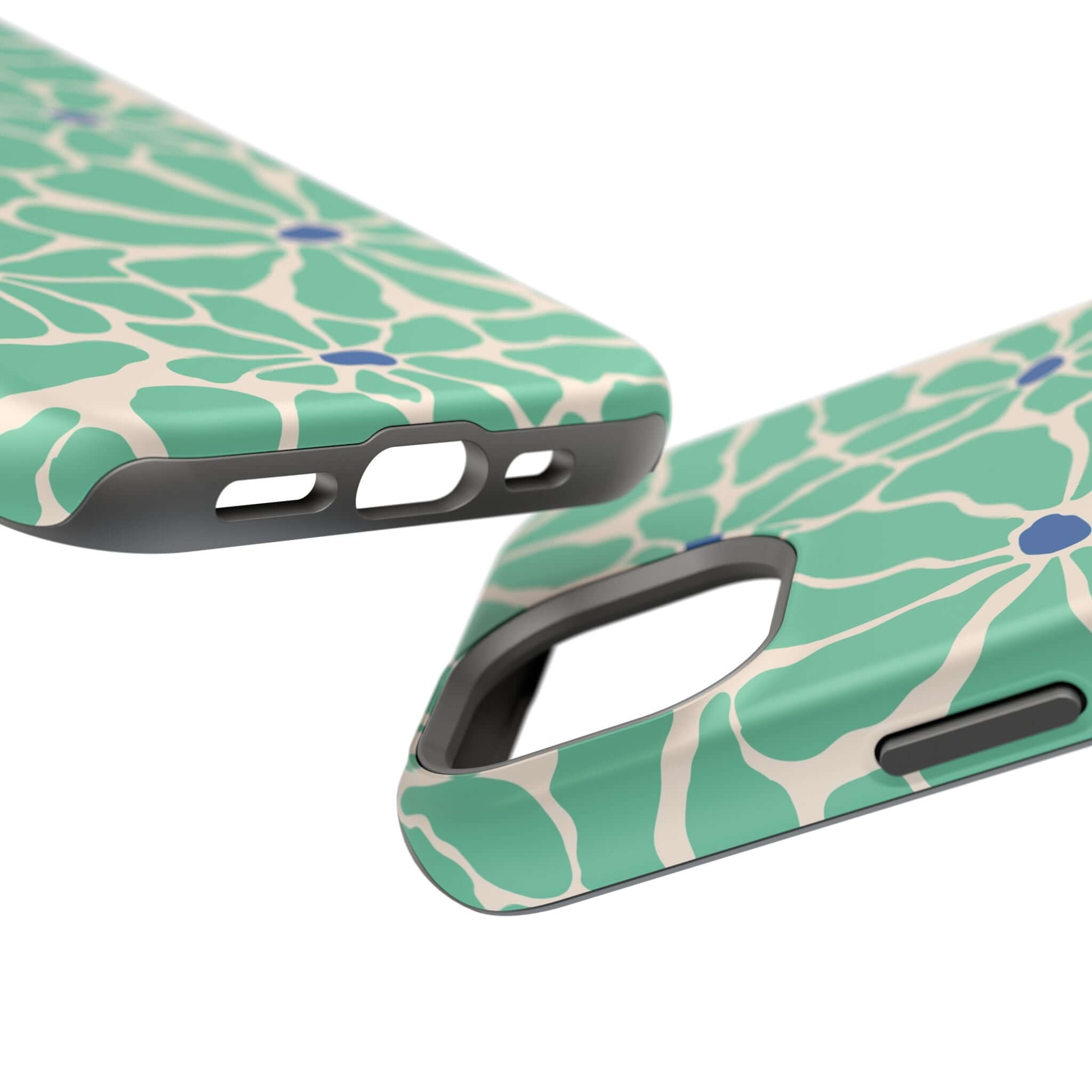 Retro floral phone case with a tropical pattern, designed for Apple iPhone, featuring MagSafe compatibility and stylish protection.