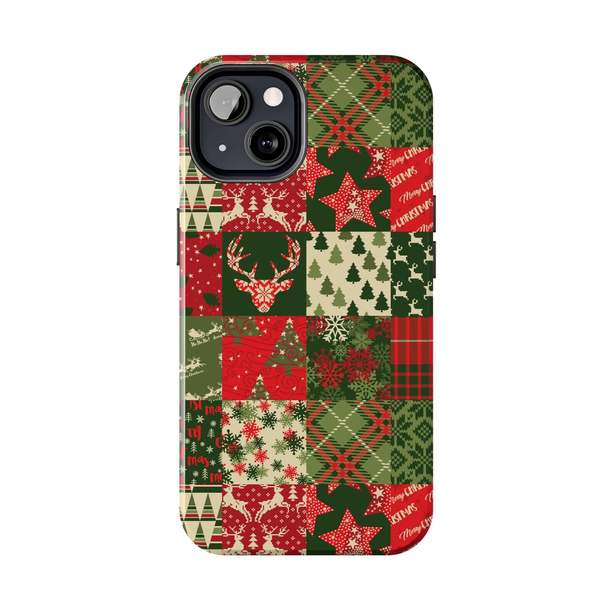 Festive green holiday phone case with Christmas trees, reindeer, and snowflakes, perfect cute iPhone case design for the holidays.