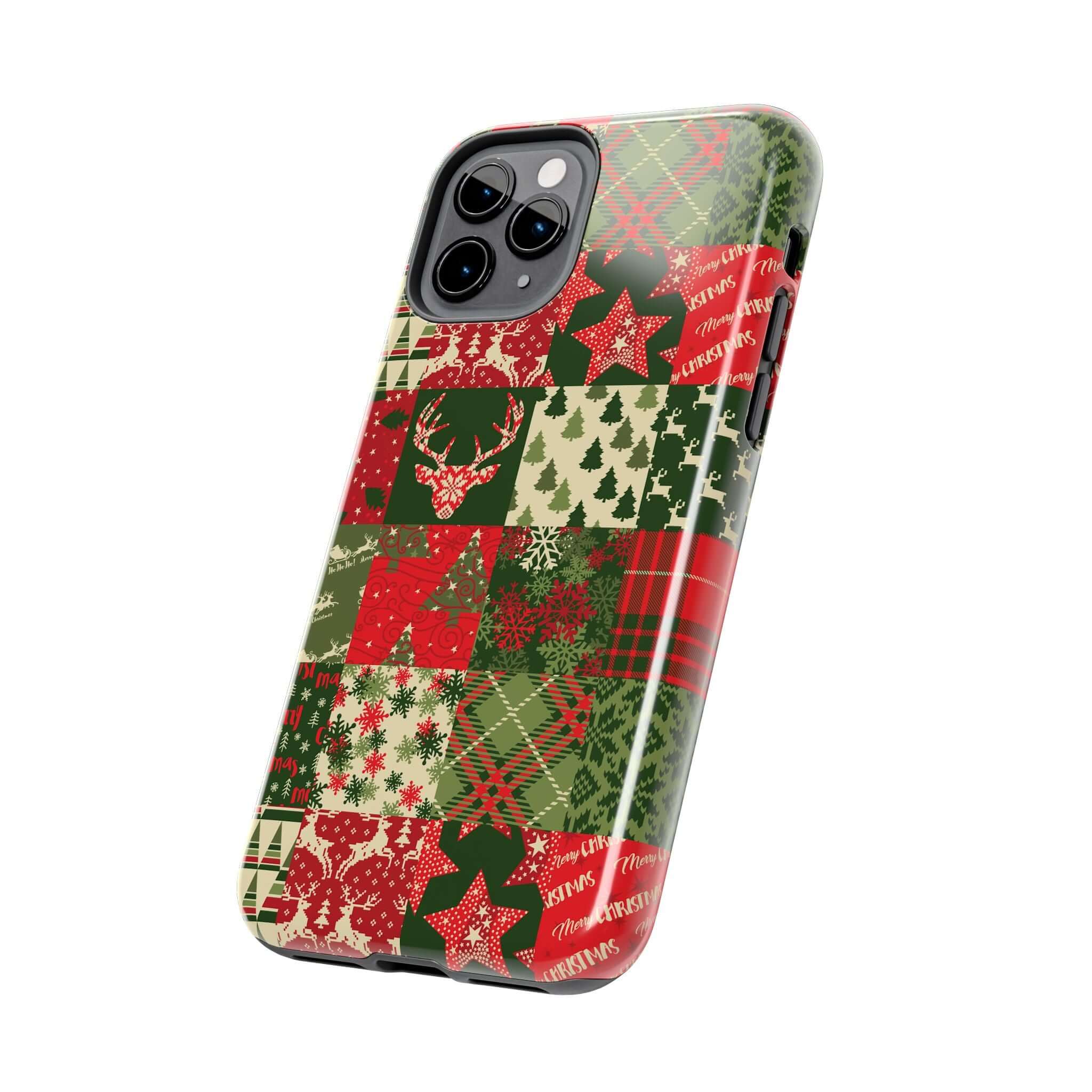 Festive green holiday iPhone case with Christmas trees, stars, and deer design by Cozy Quiltmas. Cute custom phone case for winter.