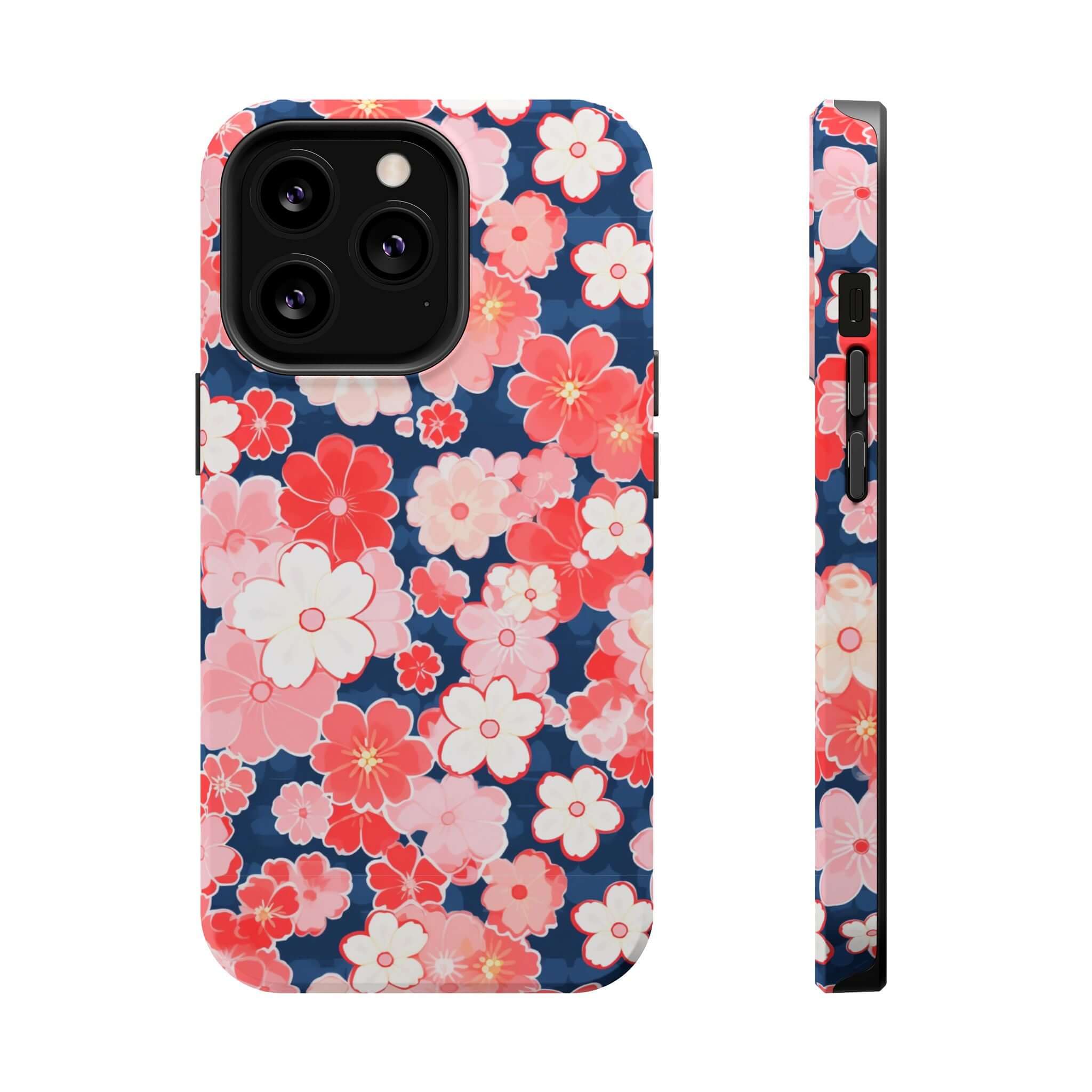 Oh So Pretty Pink Floral Case for iPhone 14 Pro Max, front and side view, showcasing the colorful floral design on phone case