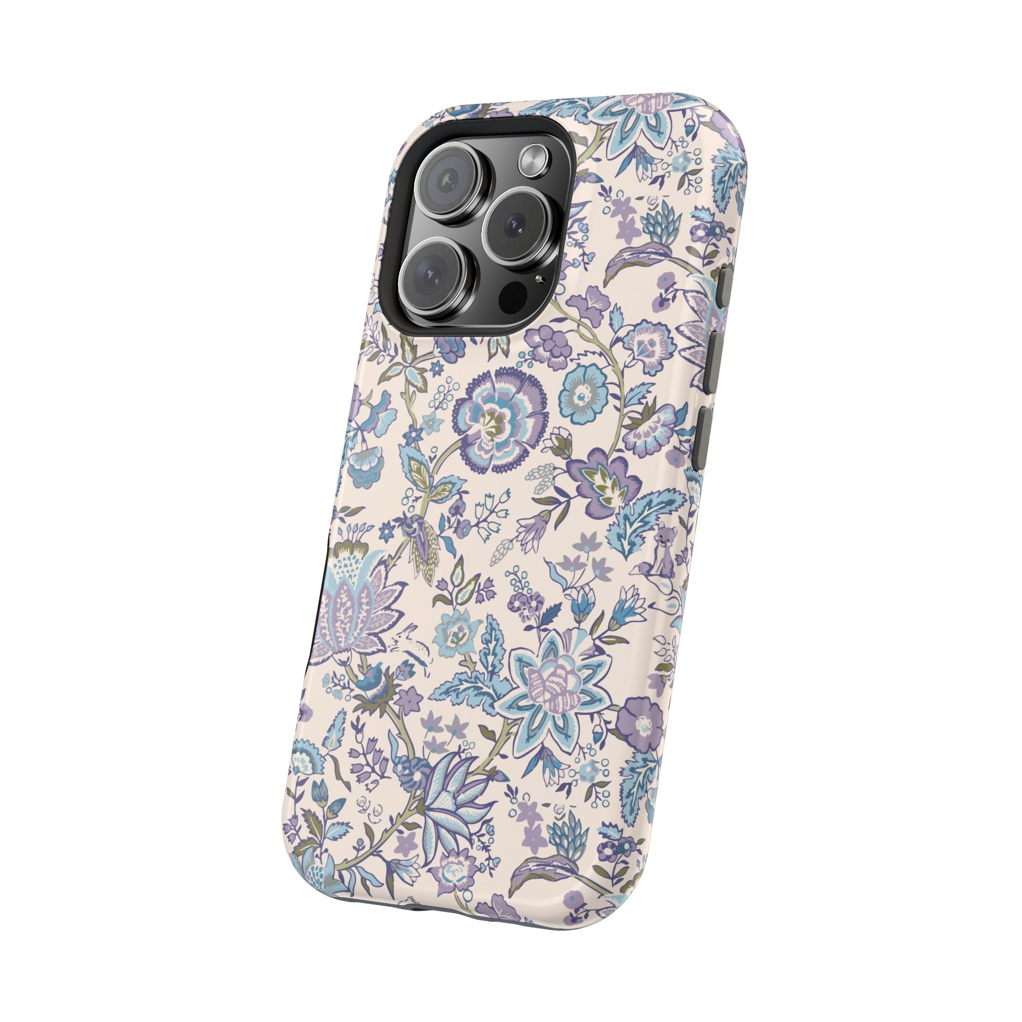 Blue floral CottageCore MagSafe iPhone case with whimsical design, perfect cute phone cover for nature lovers.