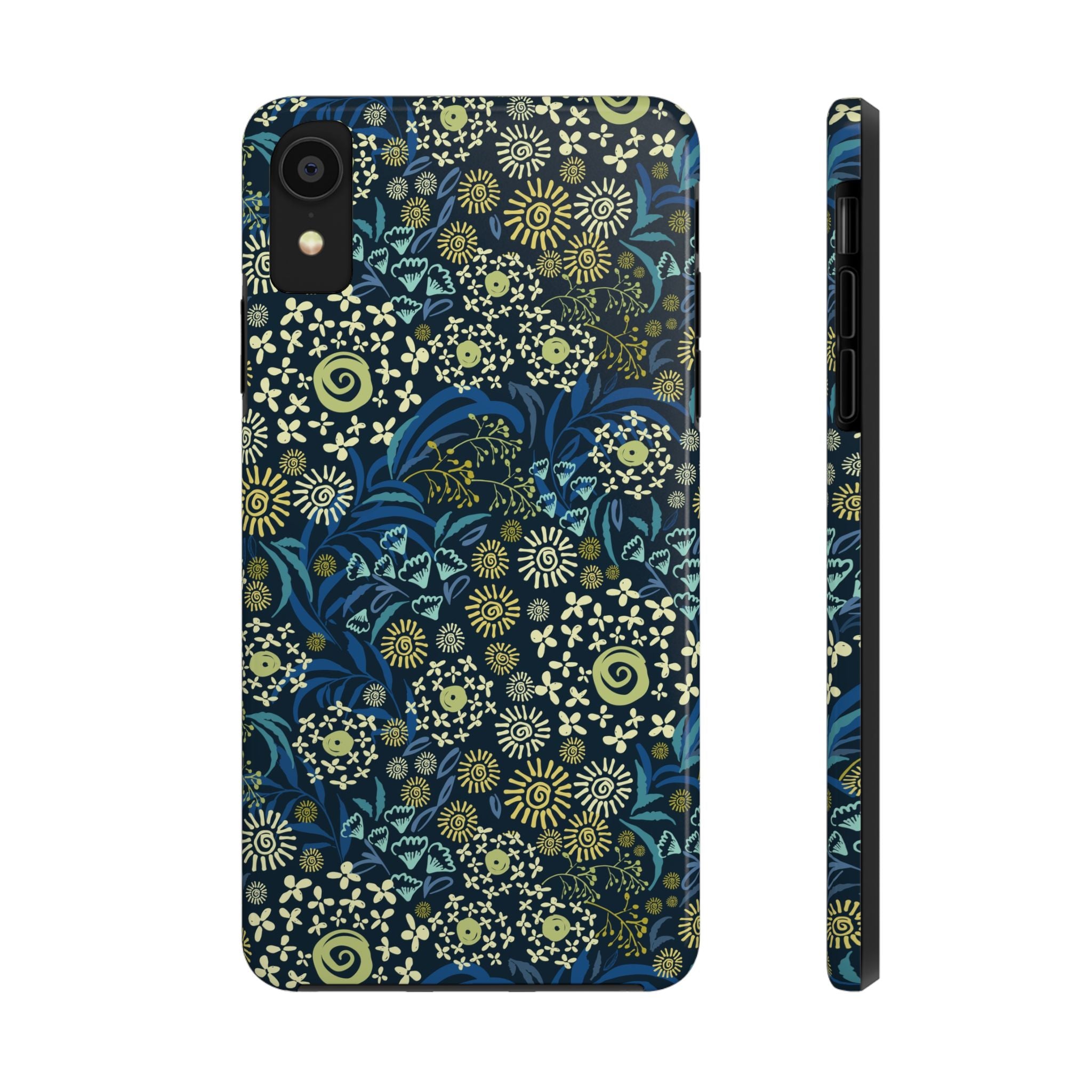 Blue floral Botanic Breeze phone case cover featuring whimsical flower design for iPhone. Cute protective iPhone case, i phone case.