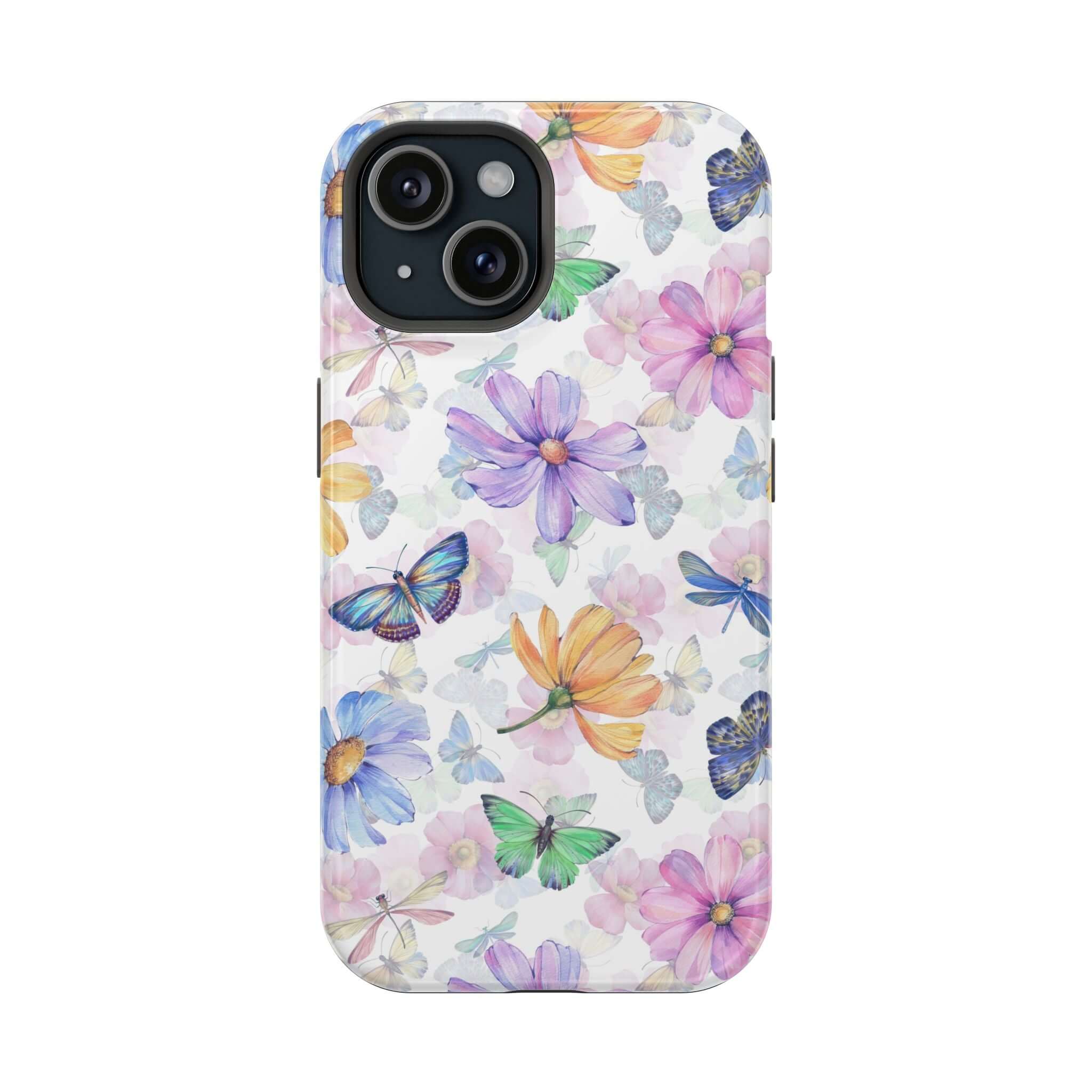 Cute watercolor butterfly MagSafe iPhone 16 case with colorful floral design for stylish and protective phone coverage.