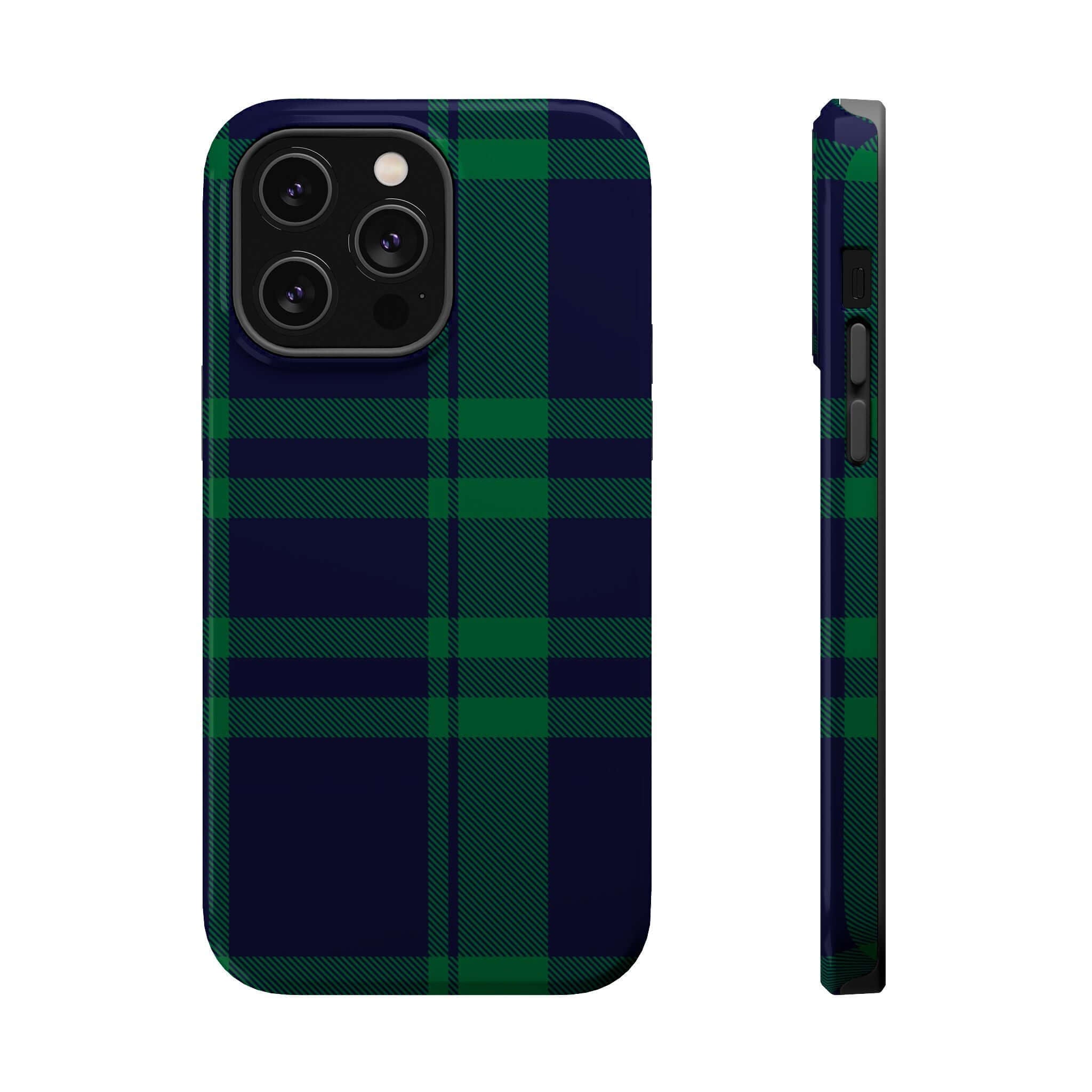 Cute Mistletoe Plaid MagSafe Case for iPhone, featuring a festive green and navy plaid design, perfect for holiday cheer!