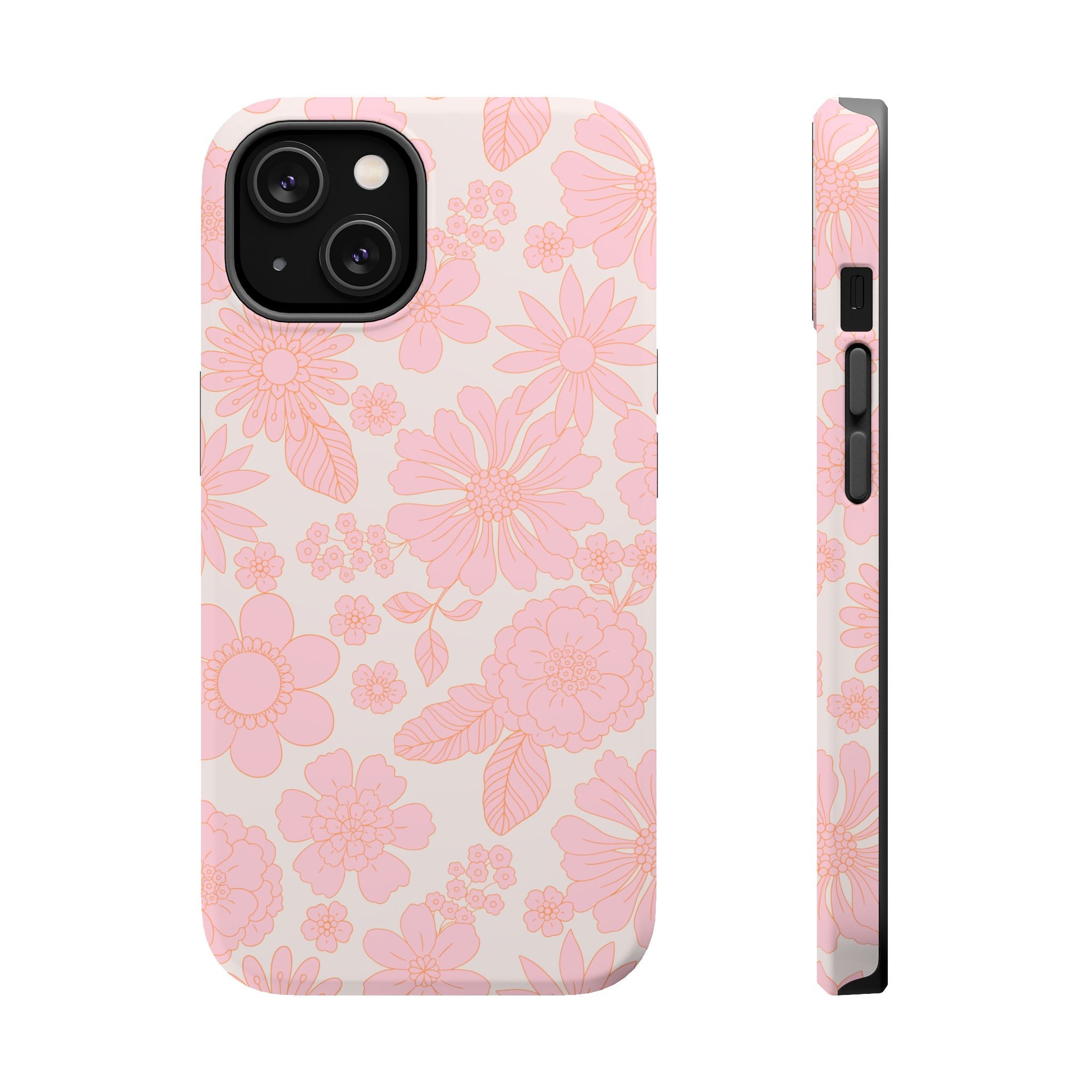 Pink floral MagSafe phone case for iPhone 16, cute and whimsical cottagecore design, protective iPhone cover.