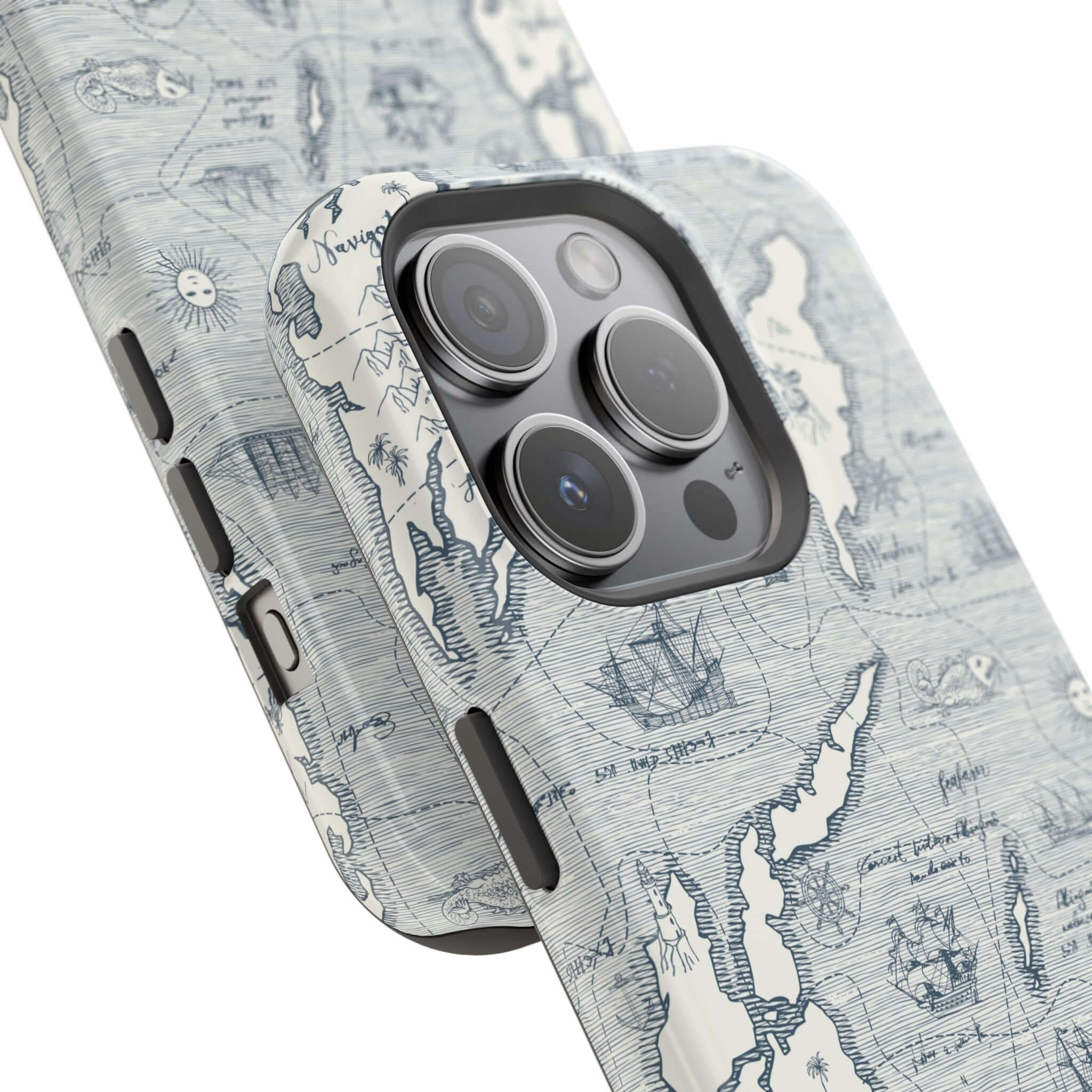 Nautical-themed iPhone 14 Pro Max case with MagSafe technology, featuring a teal pirates map design.