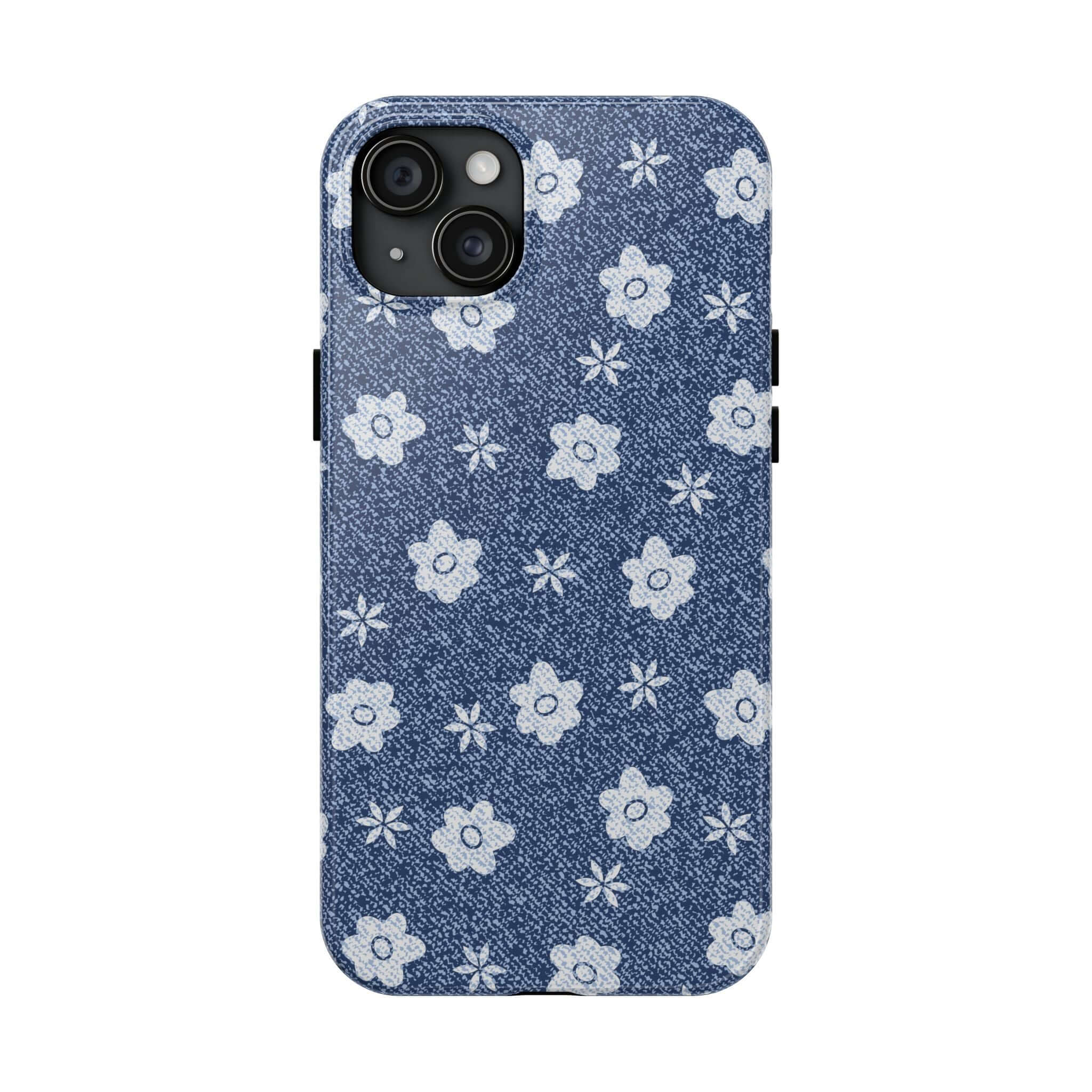 Daisies Denim iPhone 14 Pro Max case, cute protective phone case with floral design.