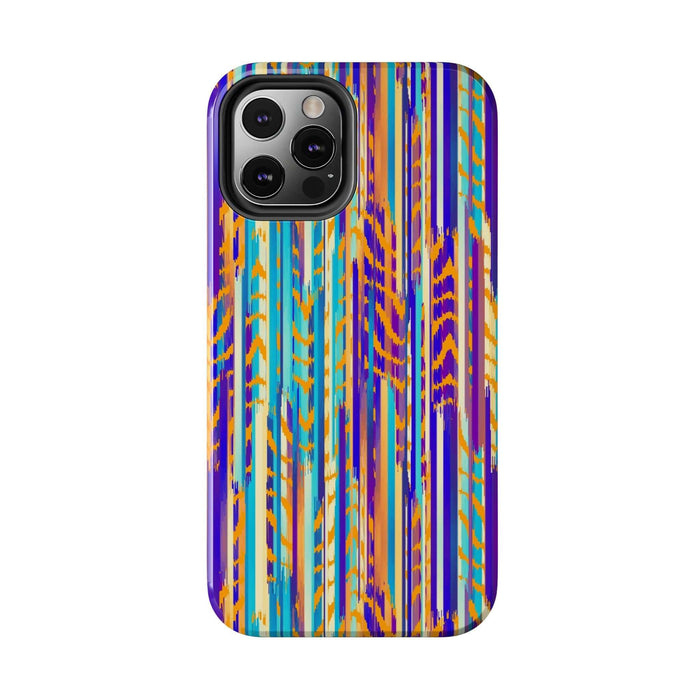 Colorful abstract tie dye iPhone case with vibrant blue, orange, and purple patterns, perfect for adding a unique touch to your phone.