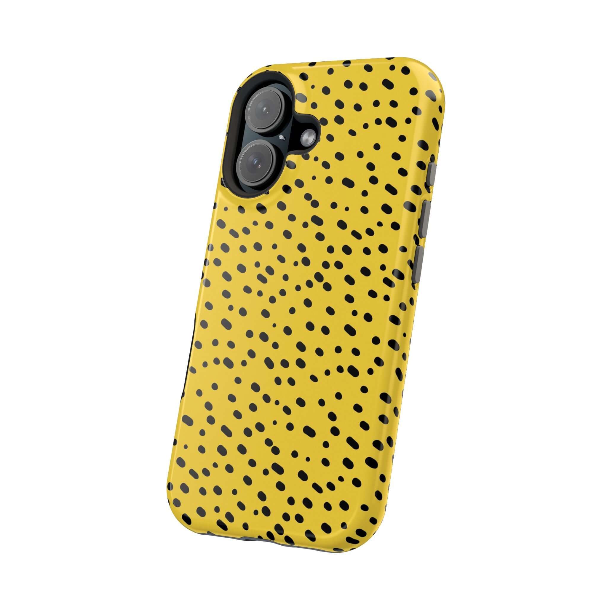 Vibrant yellow cheetah iPhone case with black spots, offering cute protection and MagSafe compatibility; colorful and abstract design.