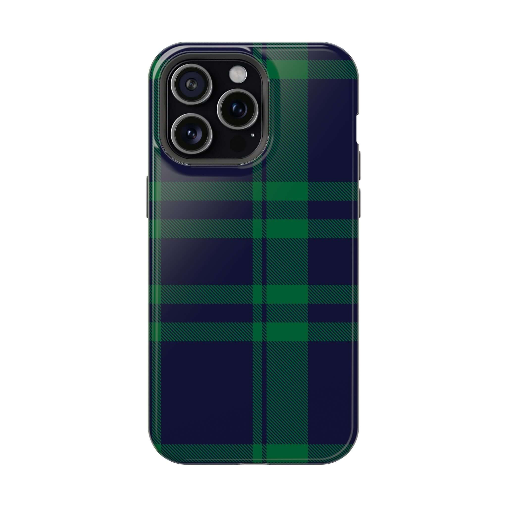 Mistletoe Plaid MagSafe Case featuring a cute green and navy plaid pattern, perfect as a festive phone cover for the holidays.