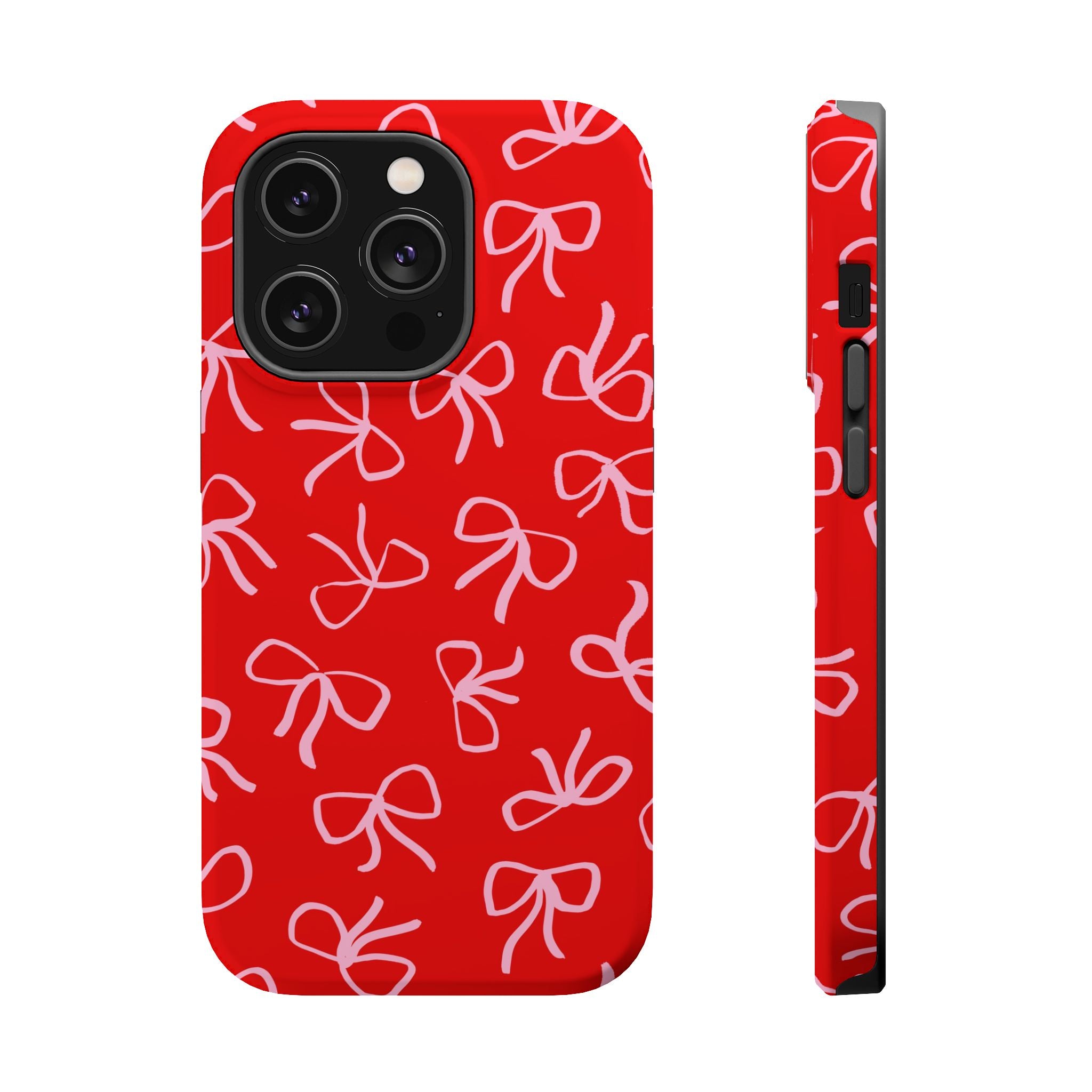 Red phone case with cute bow pattern, featuring bold and playful design, ideal for a stylish and sassy phone makeover.