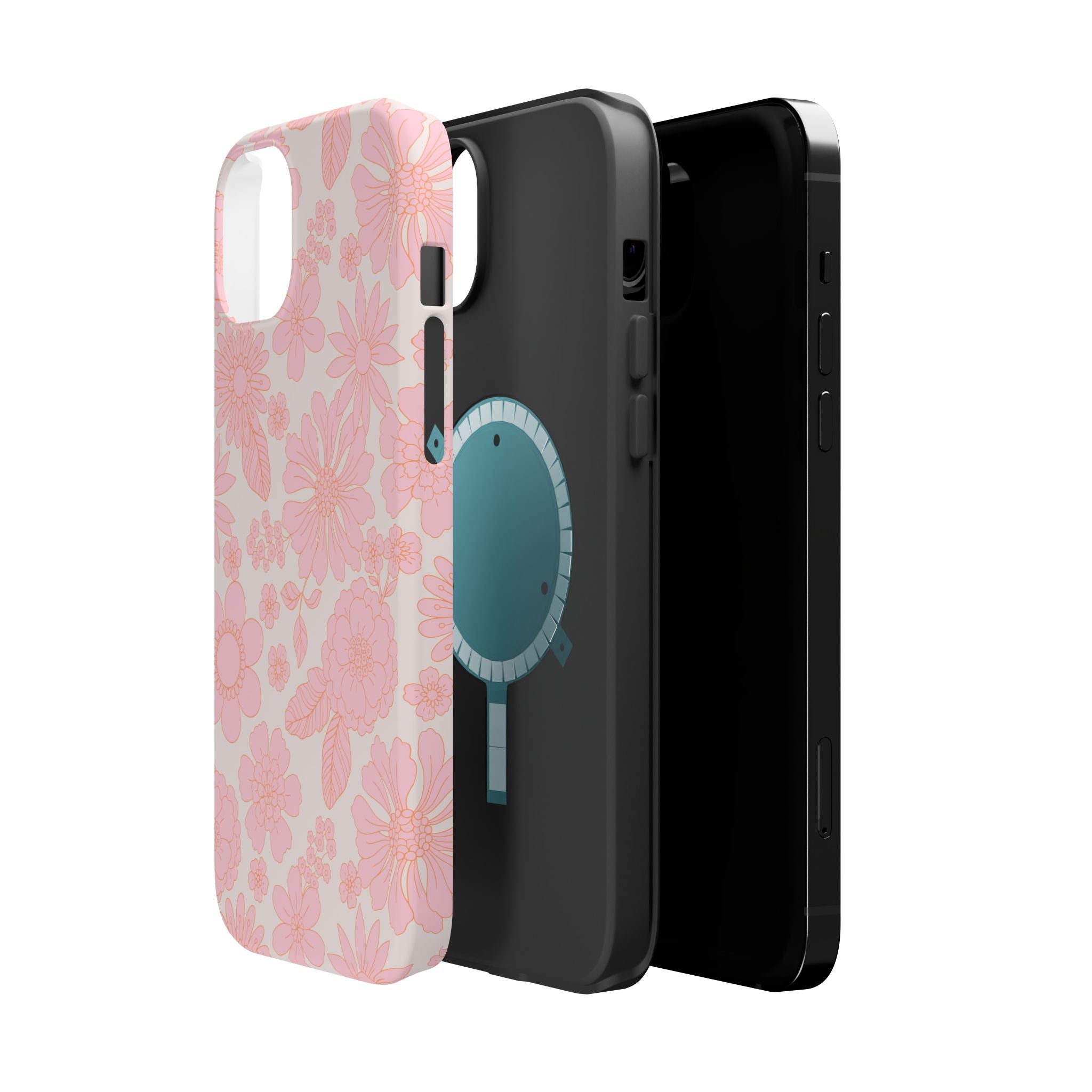 Pink floral MagSafe phone case for iPhone 16 with whimsical cottagecore design. Cute phone cover for iPhone protection.