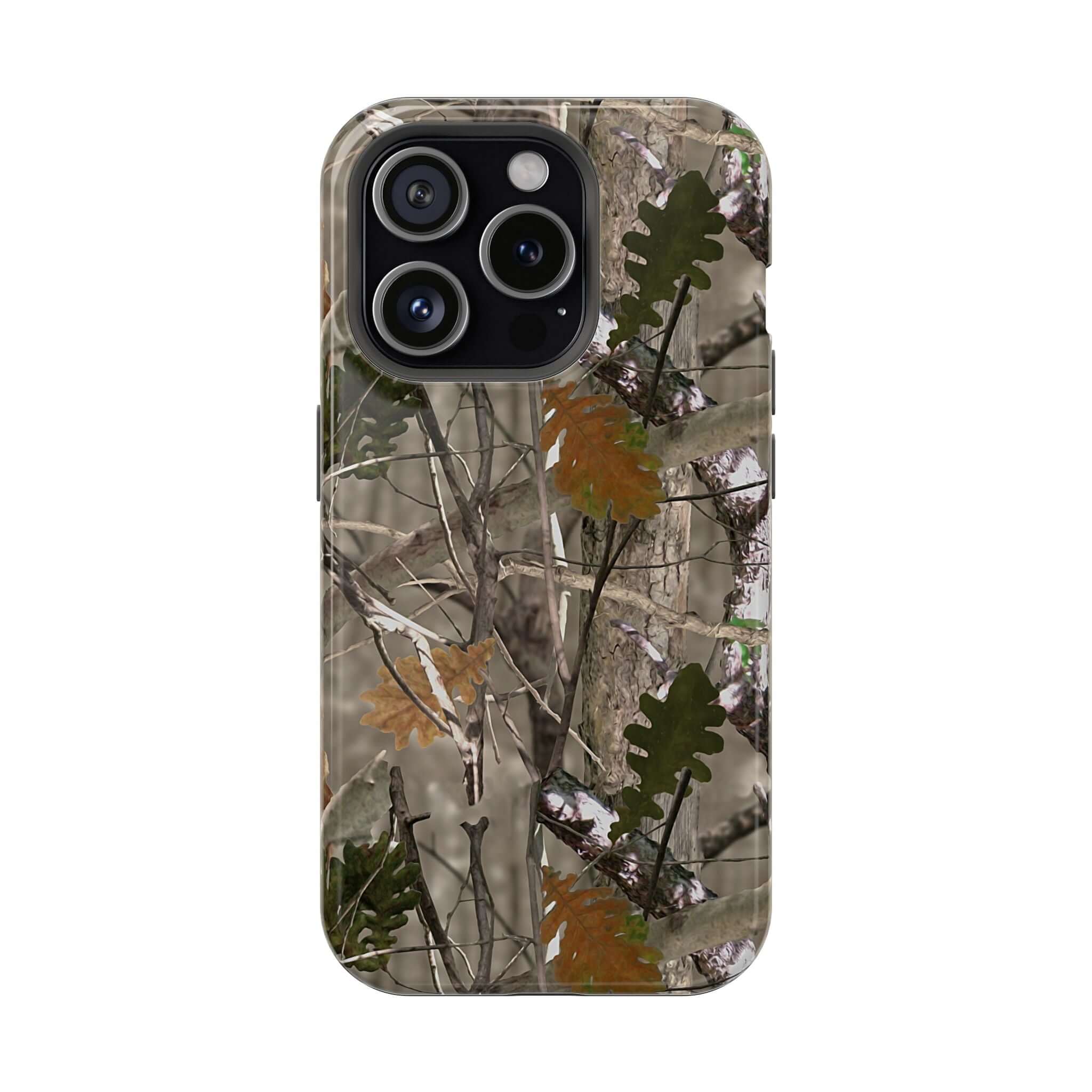 Forest camo phone case for iPhone featuring animal print design; compatible with MagSafe. Perfect for a stylish, modern look.