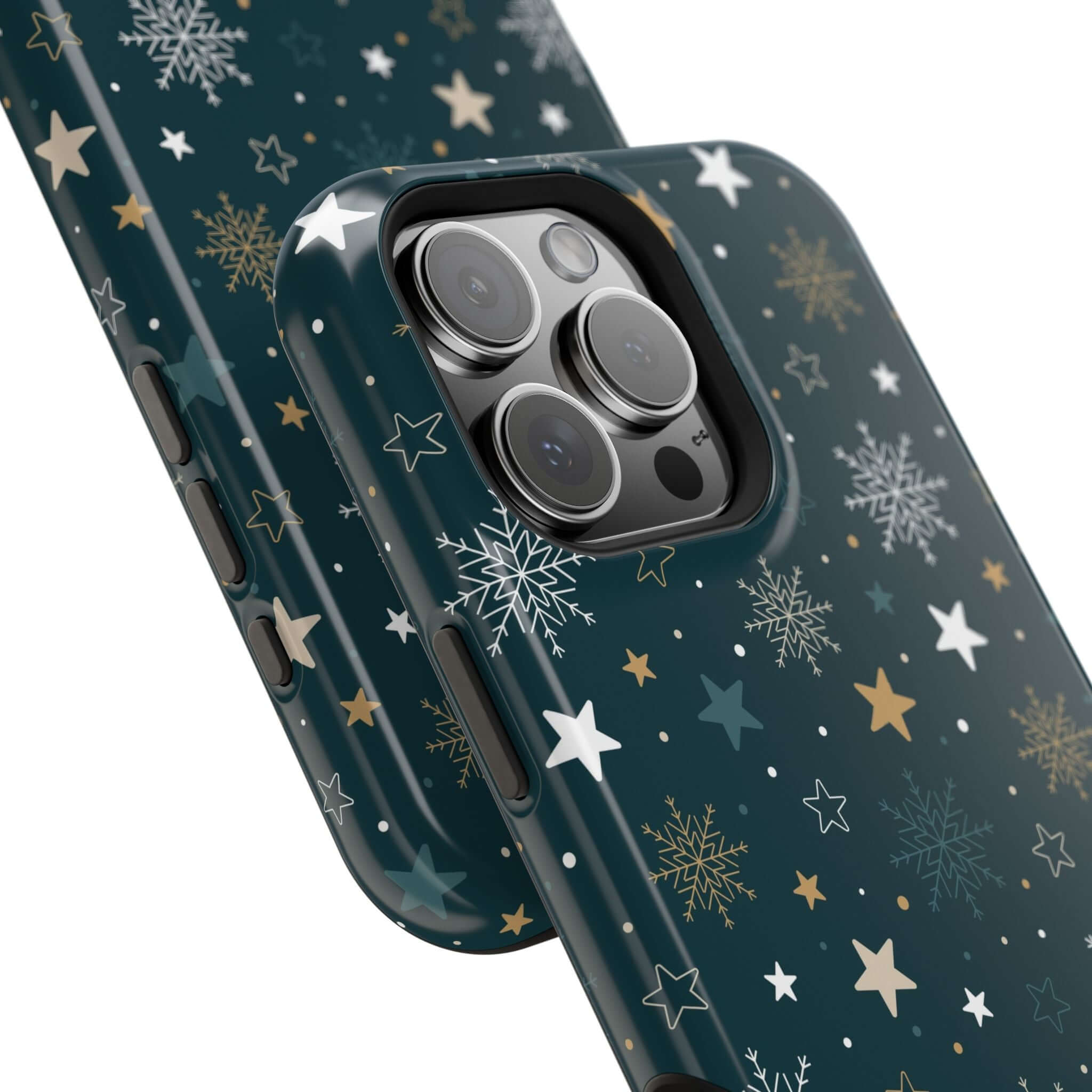 Christmas phone case with festive star and snowflake design, featuring MagSafe technology for secure charging.