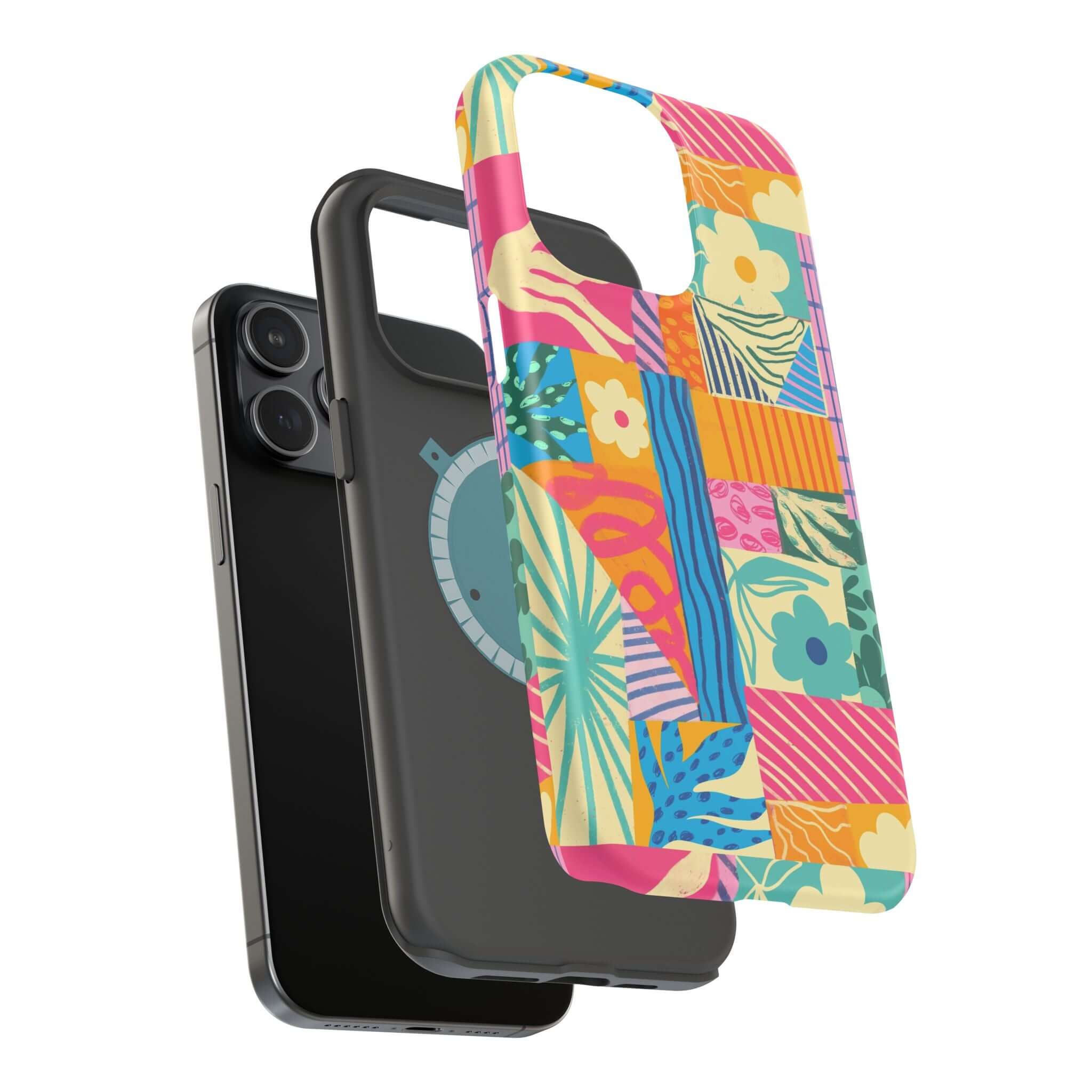 Cute Sunny Tides patchwork phone case for iPhone 16 with colorful design, perfect for beach lovers and stylish protection.