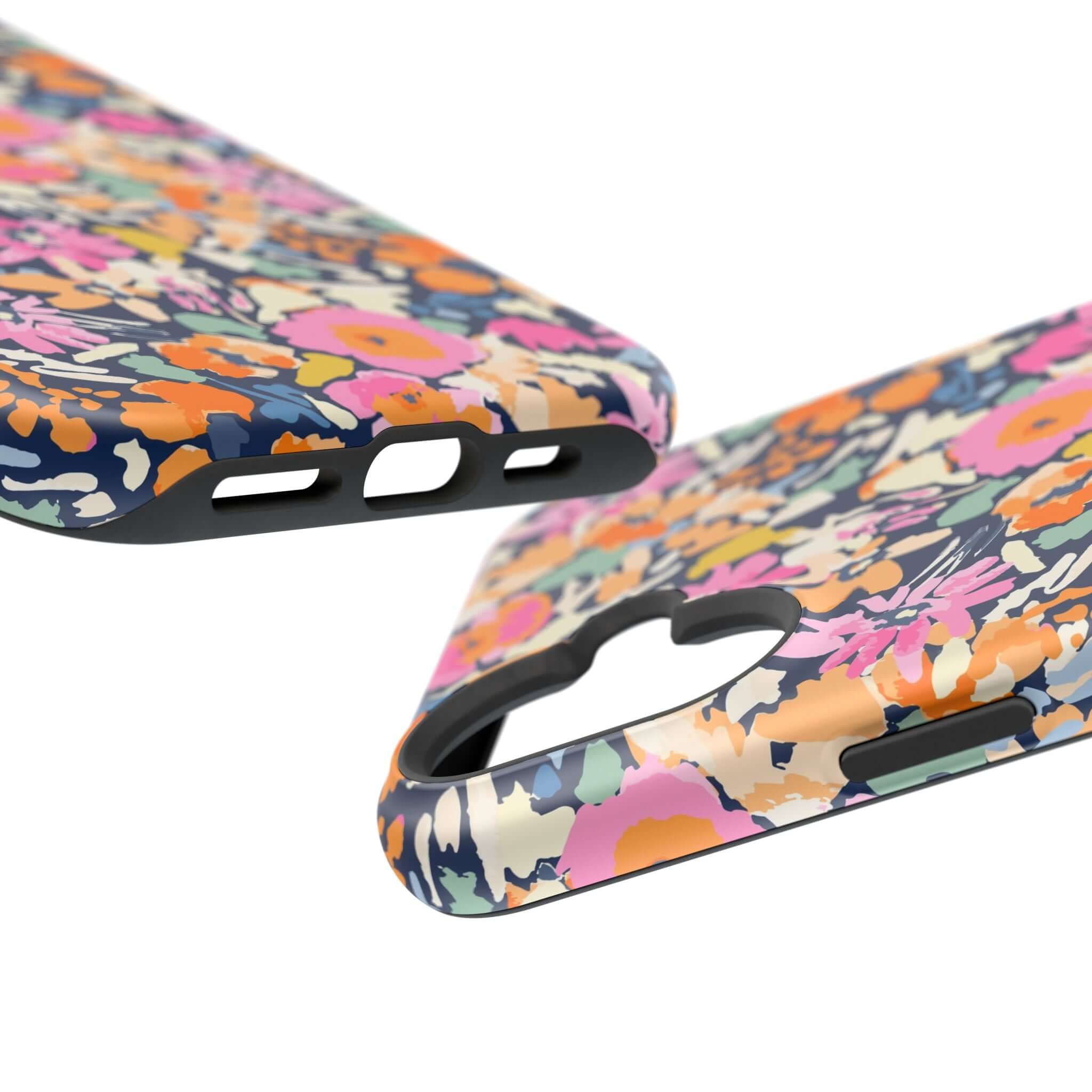 Close-up of Botanic Burst colorful floral iPhone 16 MagSafe case showing cute protective design