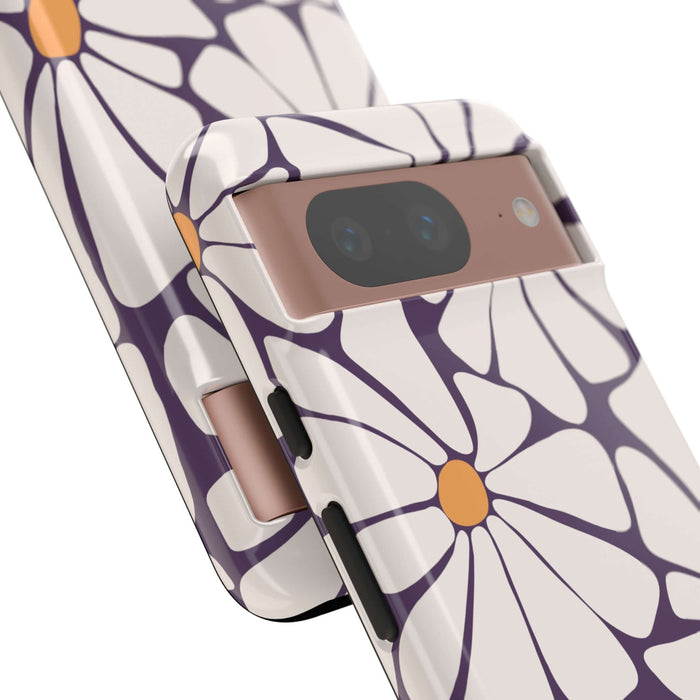 Purple Haze retro flower phone case for Samsung and Pixel, cute flower design with white petals and yellow center, durable and stylish phone protection