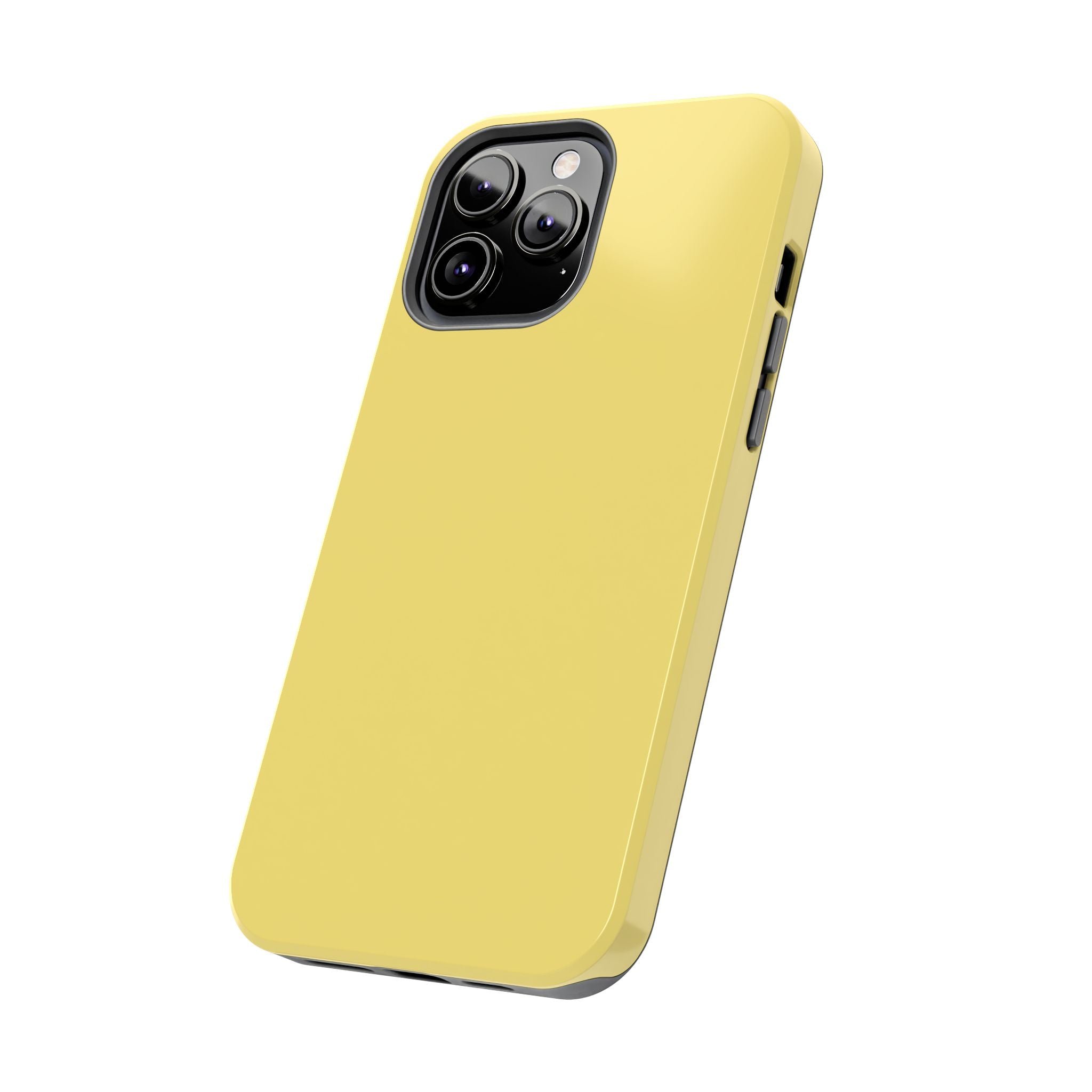 Lemon Drop solid yellow cute phone case for iPhone, playful design adds color, case shown angled highlighting camera protection.