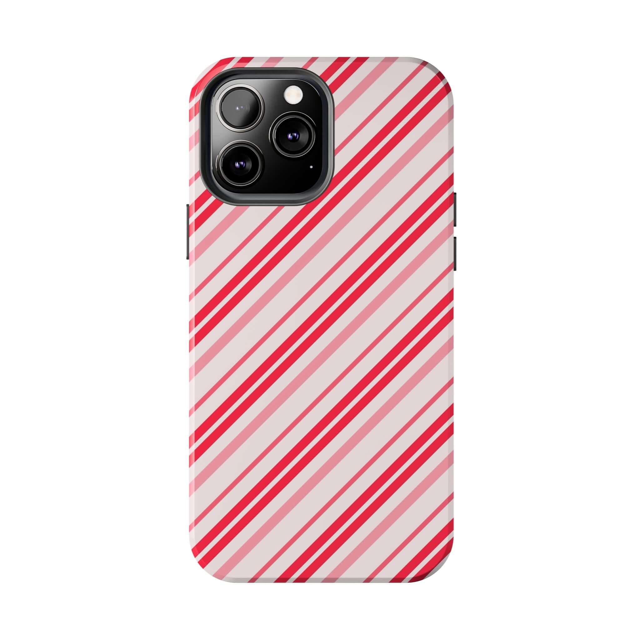 Festive Candy Cane Cutie striped holiday phone case for iPhone featuring red and white design, perfect cute Christmas gift.