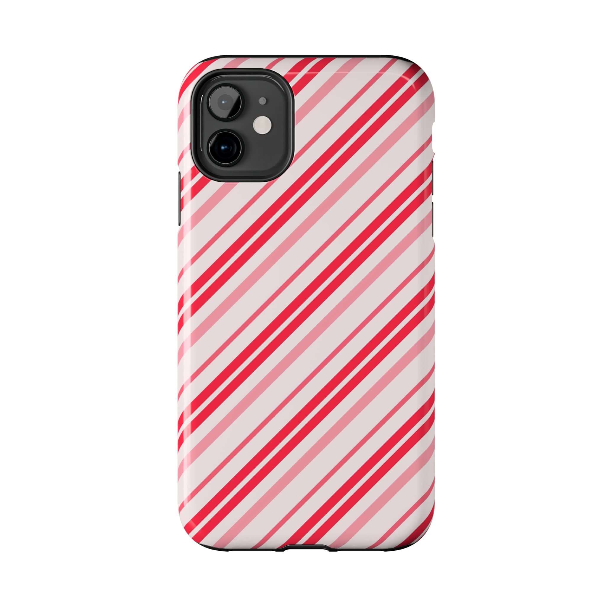 Cute Candy Cane Striped iPhone Case, Holiday Phone Case Design, Customizable Christmas Accessory for iPhone.