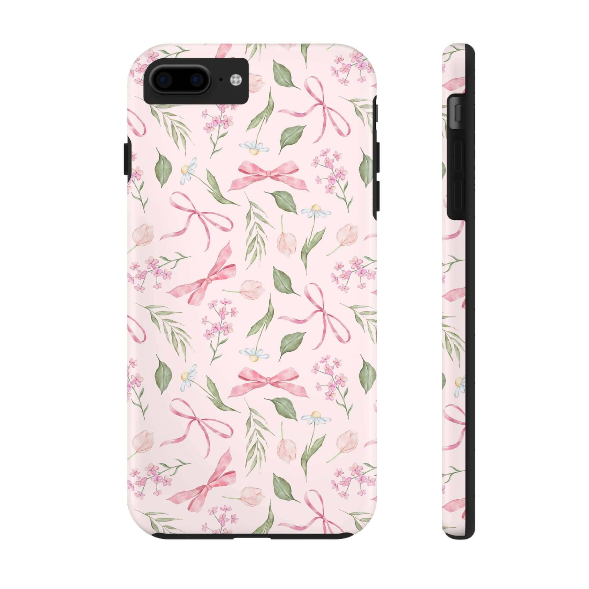 Girlie Twirls Coquette pink iPhone case with cute floral and bow design for iPhone 14 and iPhone 15. Perfect cute phone case accessory.