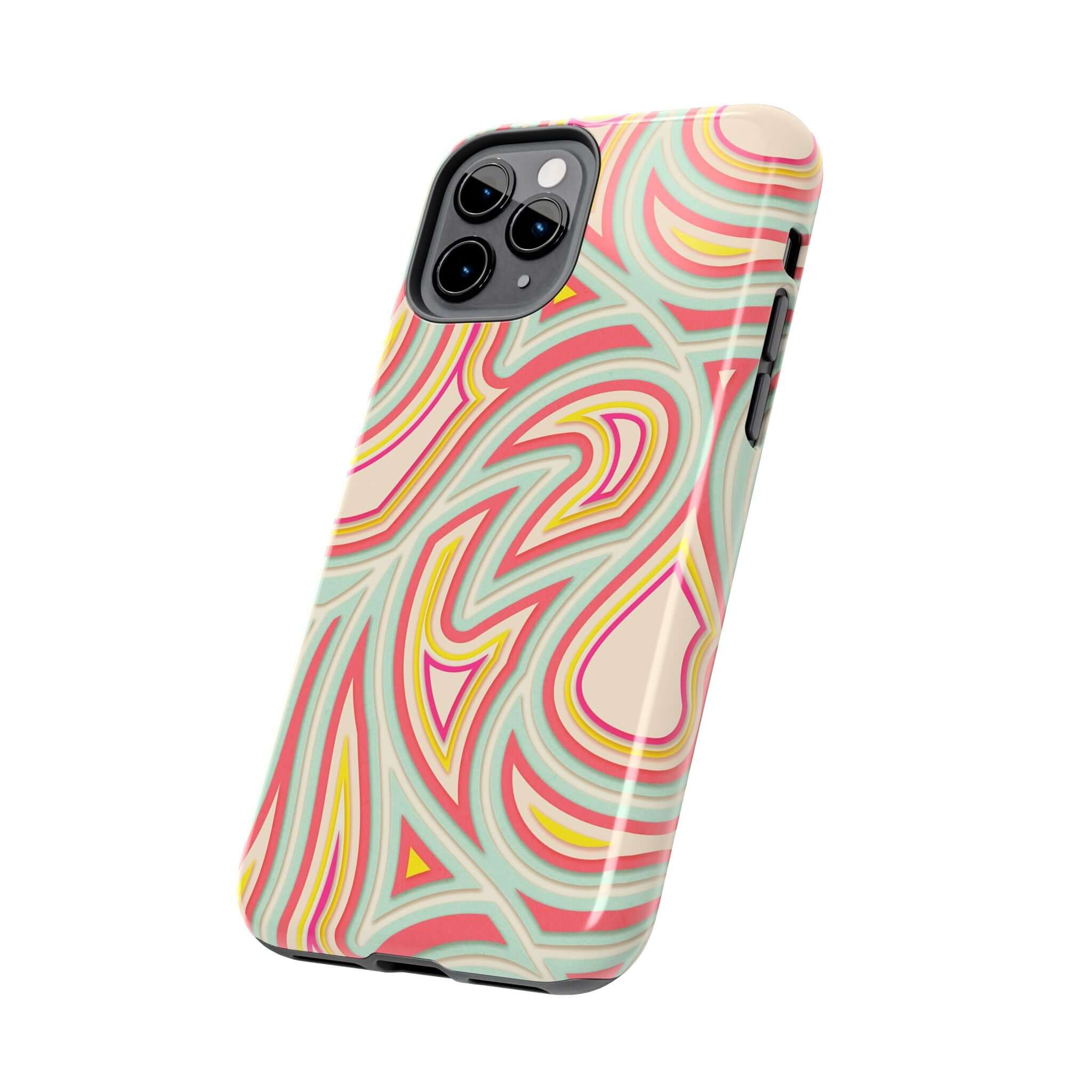 Colorful Groovy Waves retro abstract phone case for iPhone with playful design. Cute phone cover with flowers for Samsung and iPhone.