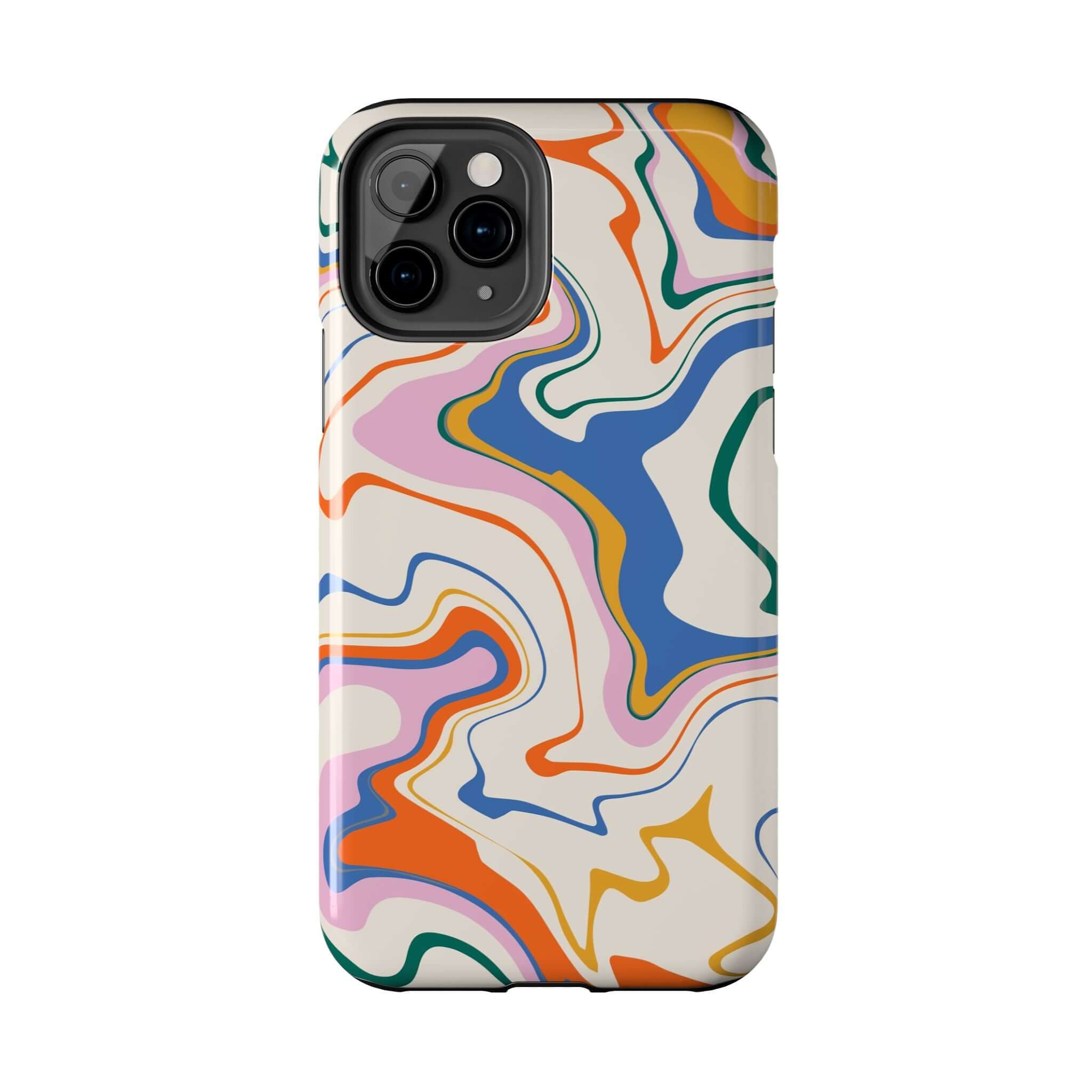 Colorful abstract design phone case for iPhone 14 Pro Max and Samsung S23, cute and vibrant swirl pattern.