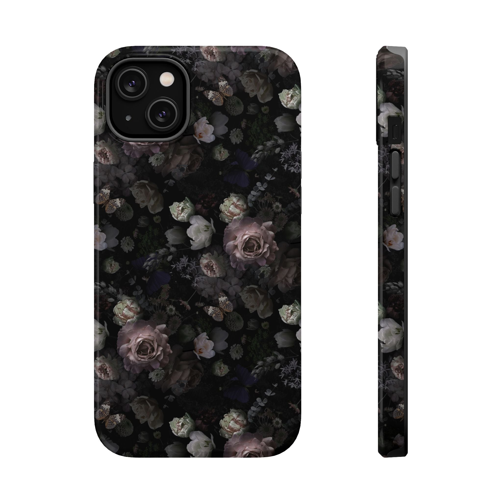 Midnight Curse black floral MagSafe iPhone case with cute roses, trendy phone cover for stylish protection.