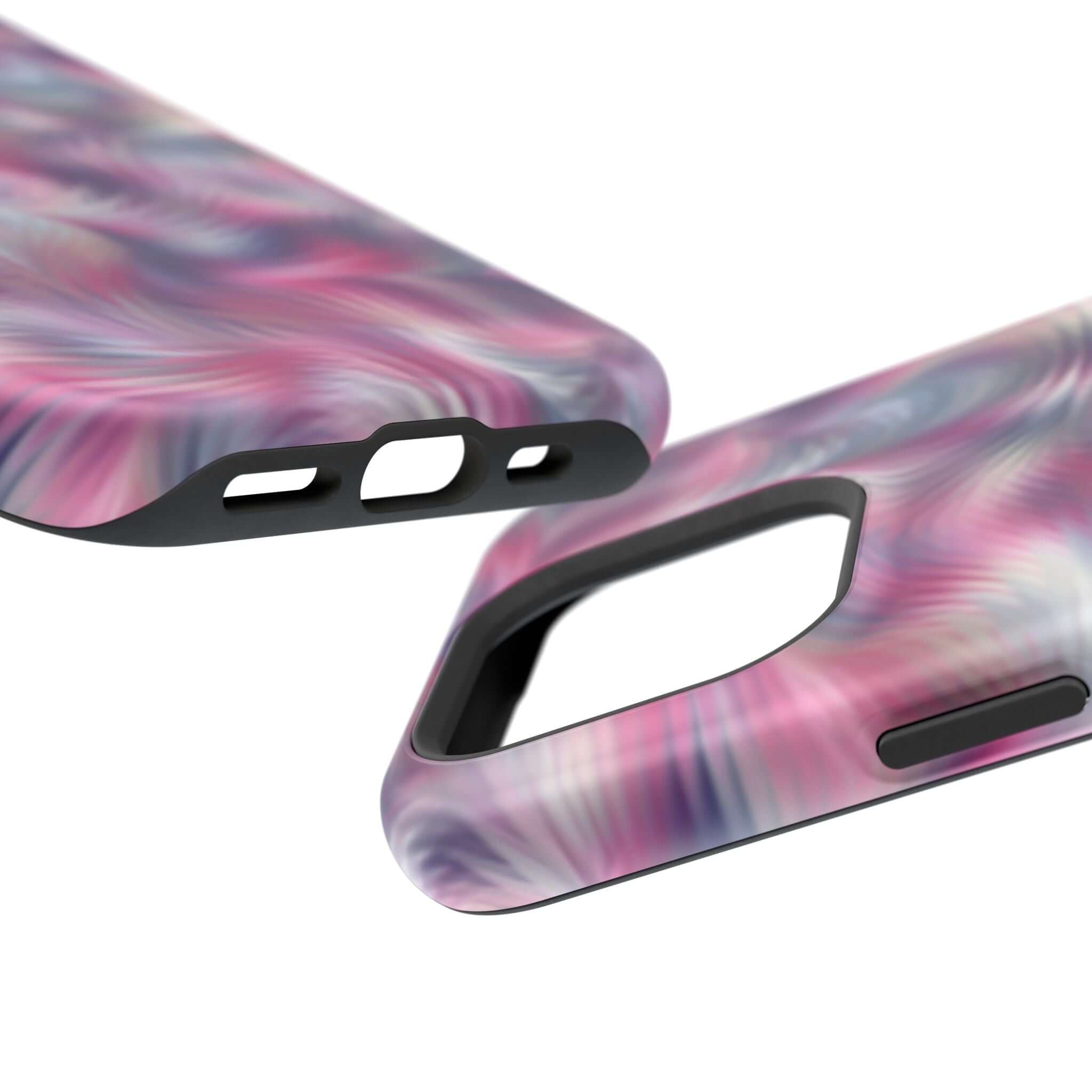 Purple tie dye swirl MagSafe iPhone case, quirky abstract phone cover showcasing playful design, perfect cute phone accessory.