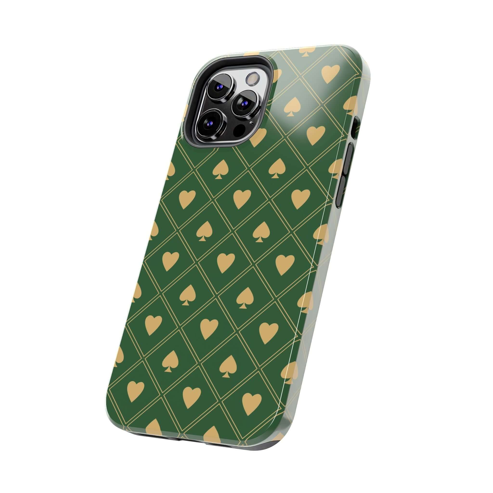 Green spade and heart patterned phone case for iPhone and Samsung. Cute design, perfect phone cover with flowers, free shipping.