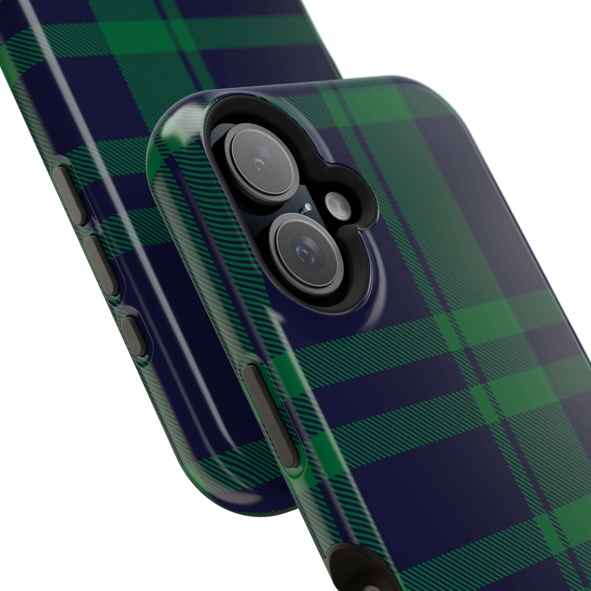 Cute Mistletoe Plaid MagSafe Case for iPhone, featuring a festive green and navy plaid pattern, perfect for the holidays.