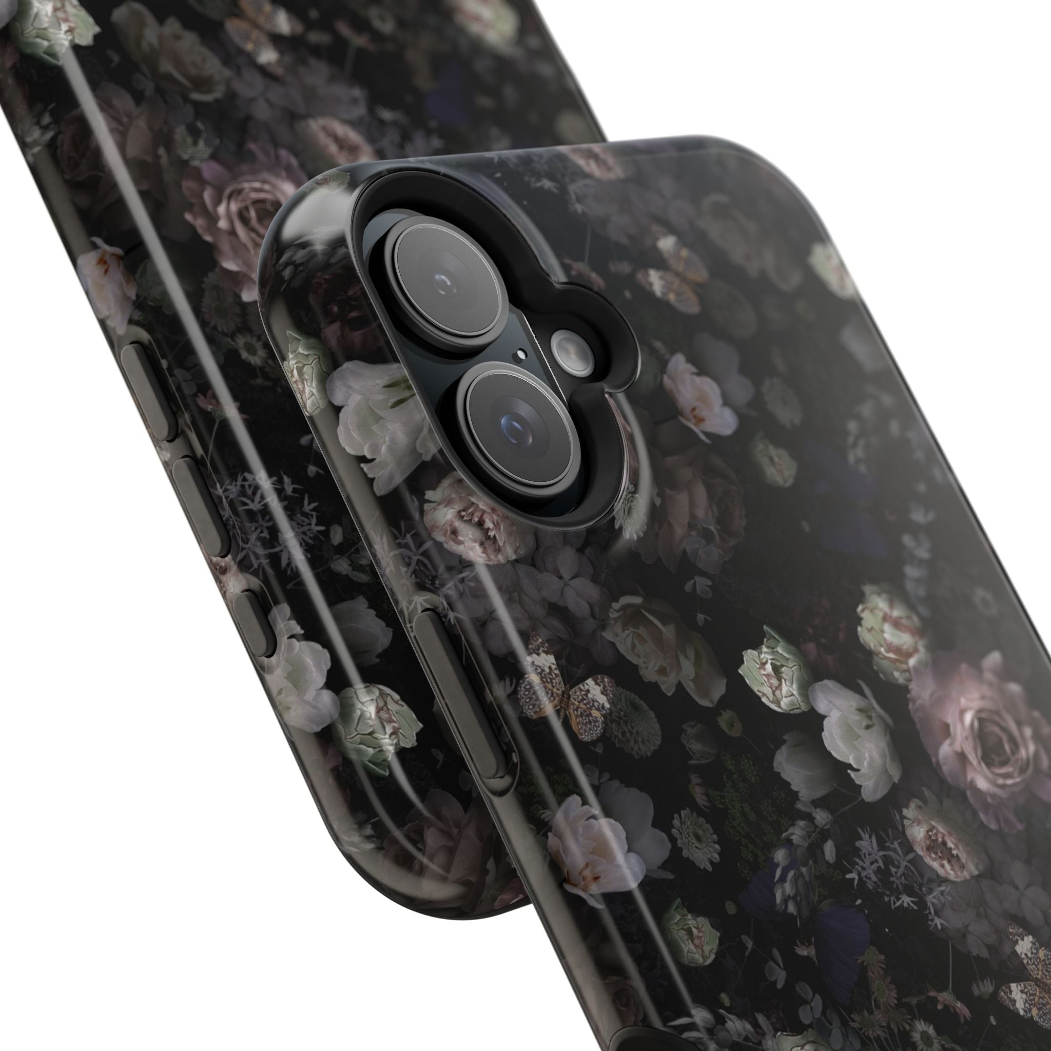 Midnight Curse black floral MagSafe iPhone case, featuring elegant black roses. Cute phone cover for stylish protection.