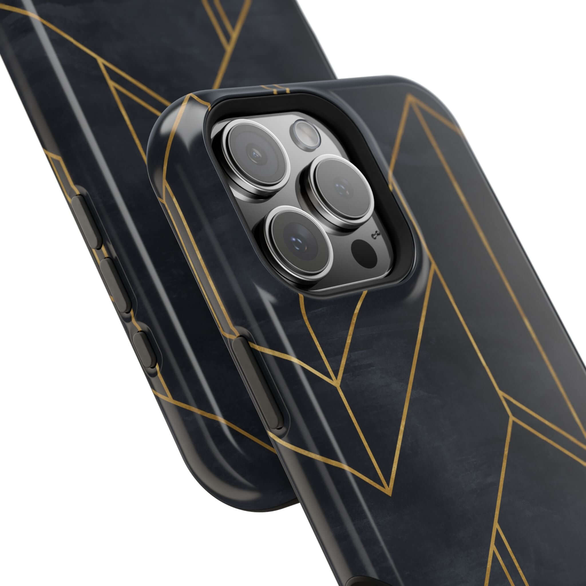 Modern geometric iPhone case with sleek black and gold design, Urban Vibe offers stylish protection, colorful and abstract elements.