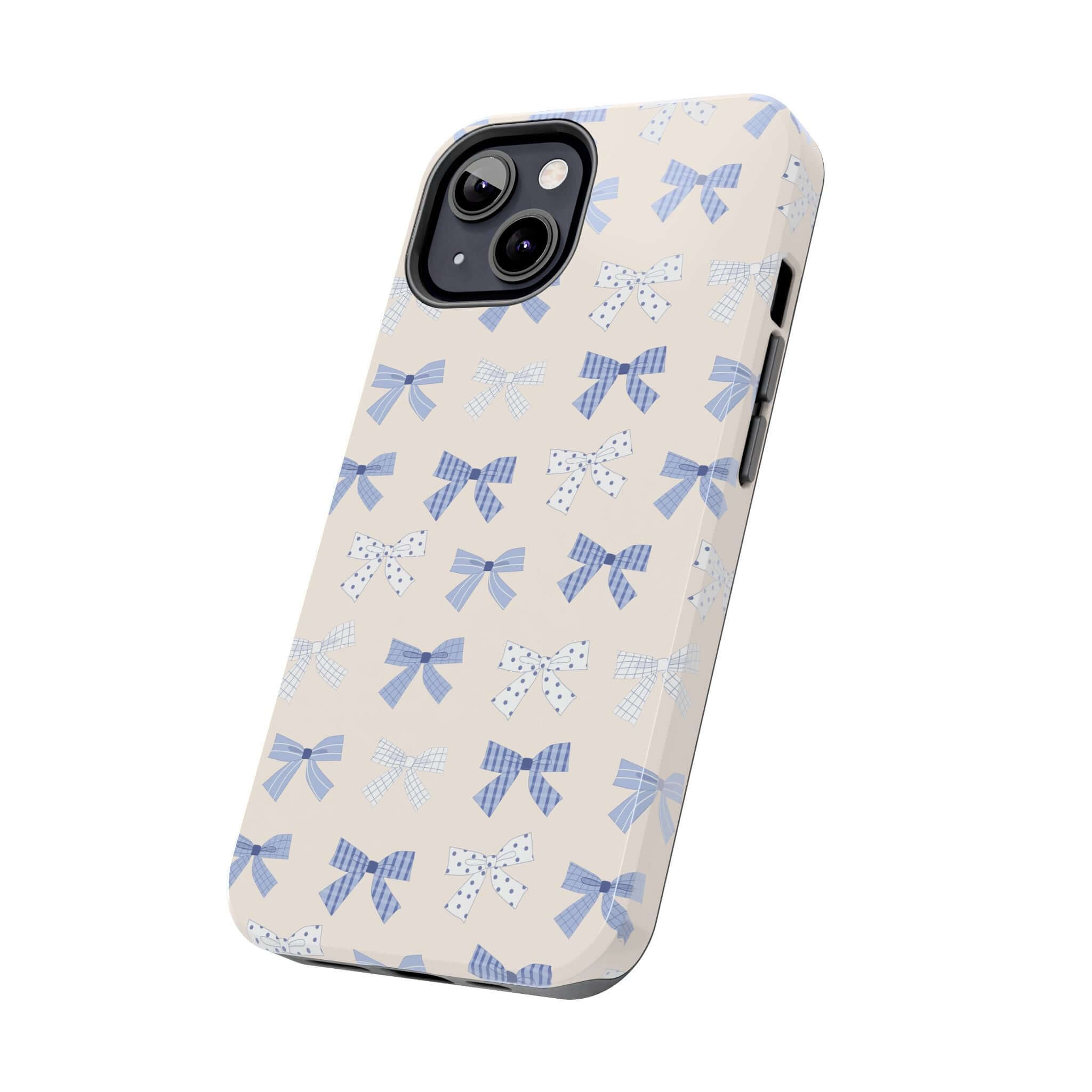 Cute iPhone 16 case with blue bows, perfect for brides-to-be. Playful and stylish phone case design.