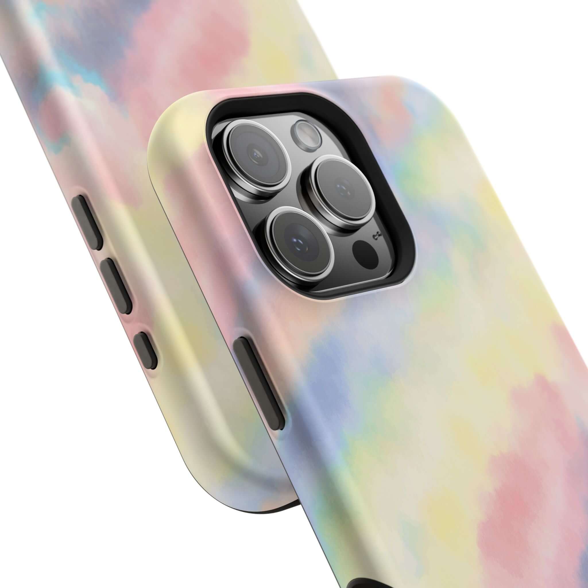 Cute pastel tie dye iPhone case with MagSafe compatibility, featuring Unicorn Dreams design for a custom phone case look.